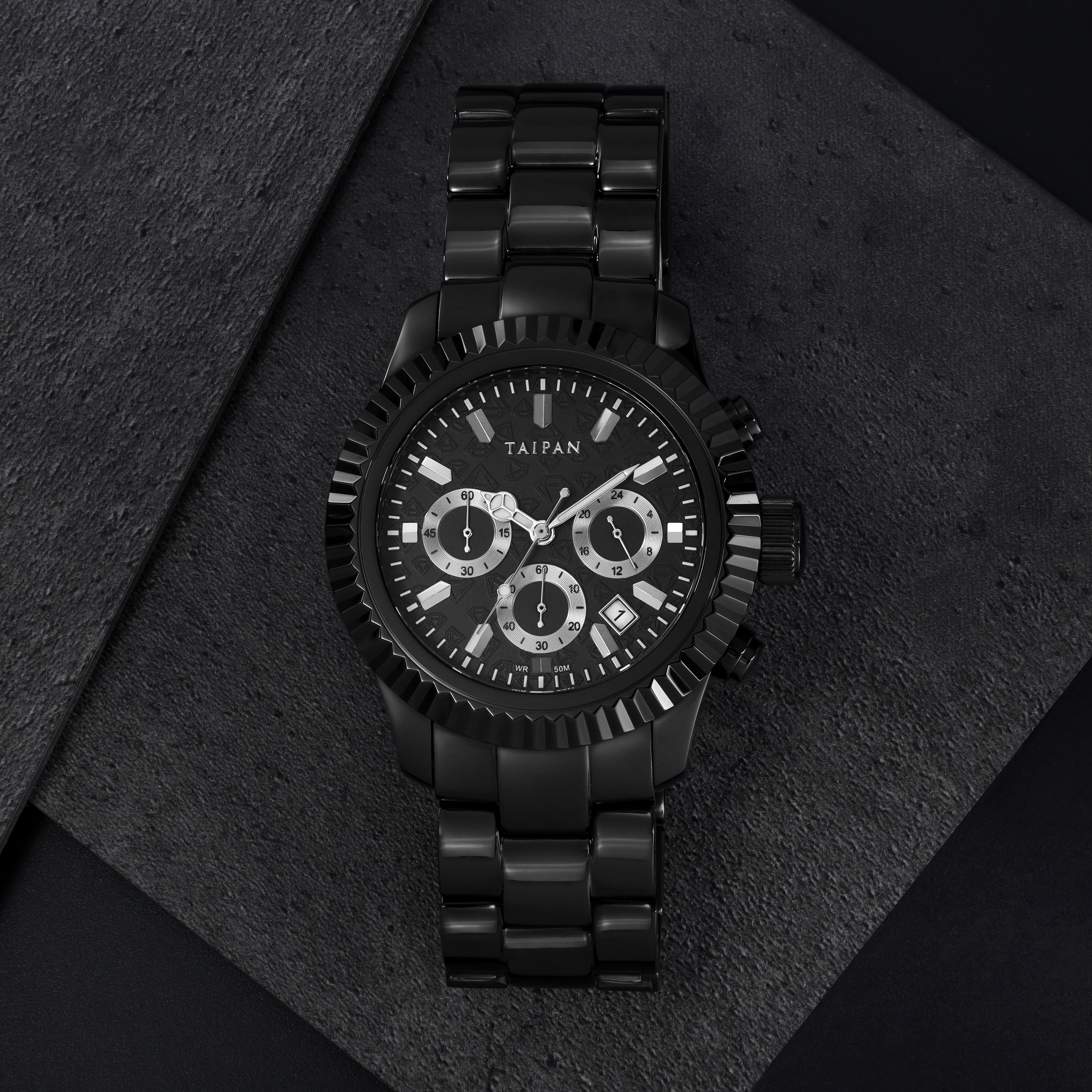 Armbanduhr Chronograph ALL BLACK mit 3 Lünetten iced out, geriffelt, plain - Taipan Schmuck