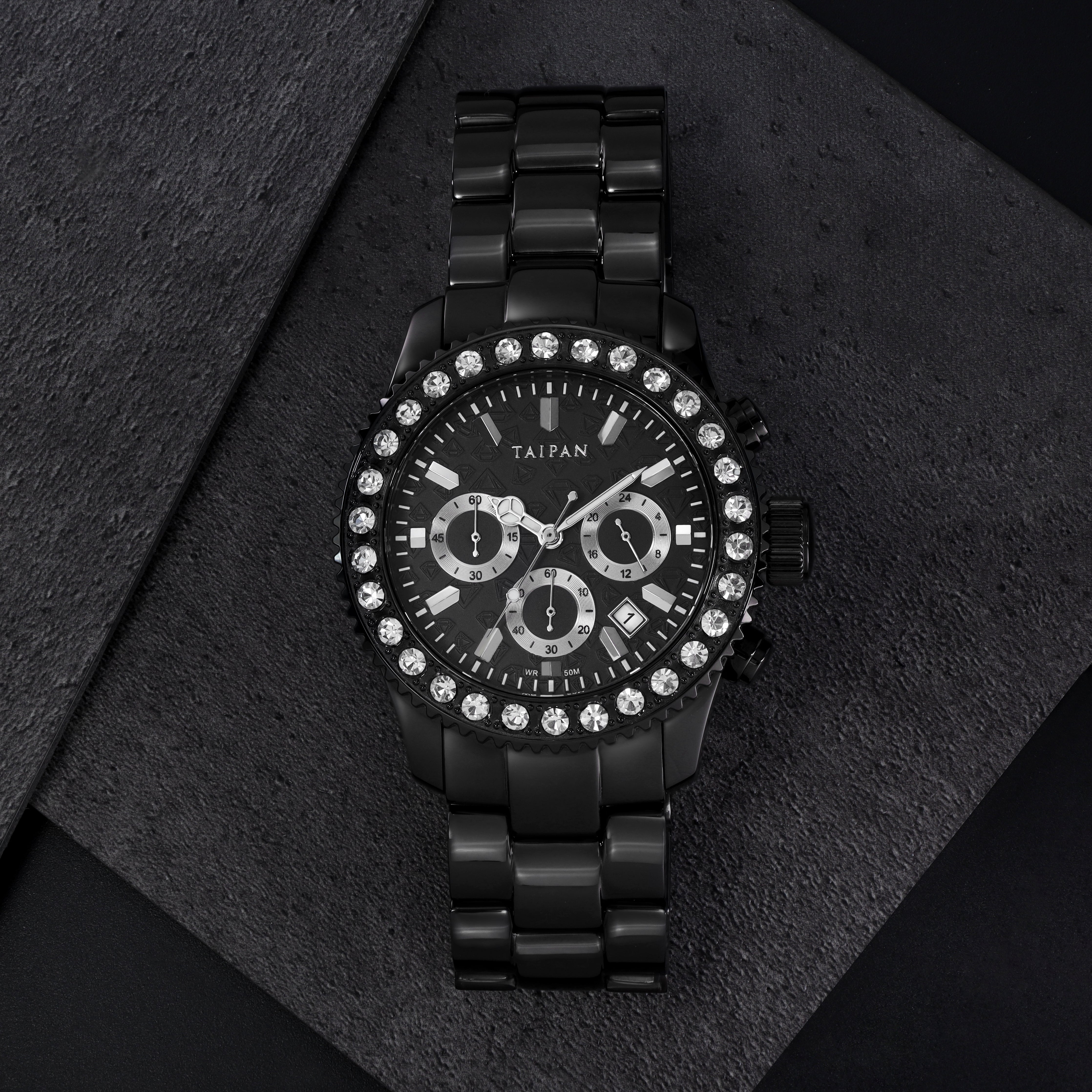 Armbanduhr Chronograph ALL BLACK mit 3 Lünetten iced out, geriffelt, plain - Taipan Schmuck