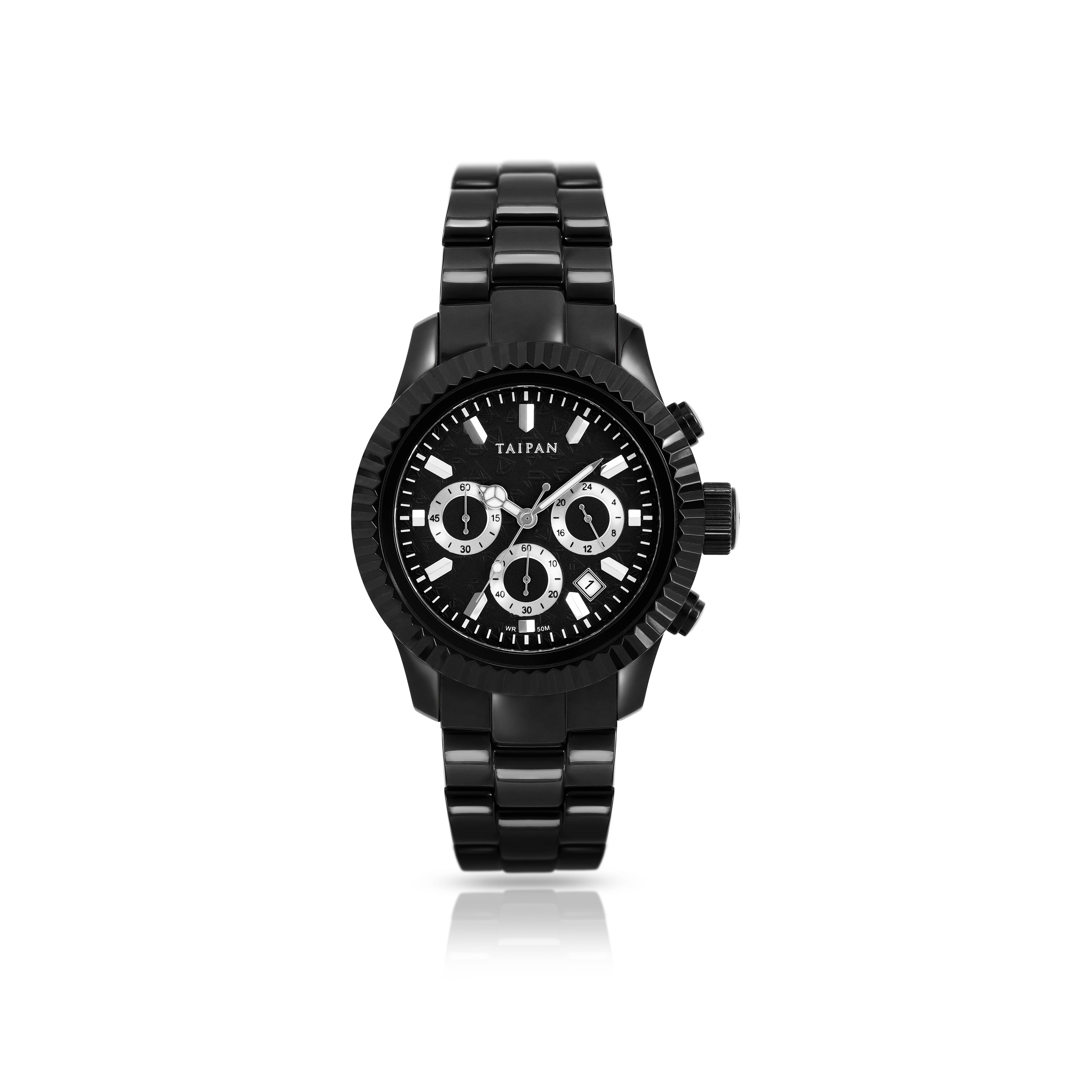 Armbanduhr Chronograph ALL BLACK mit 3 Lünetten iced out, geriffelt, plain - Taipan Schmuck