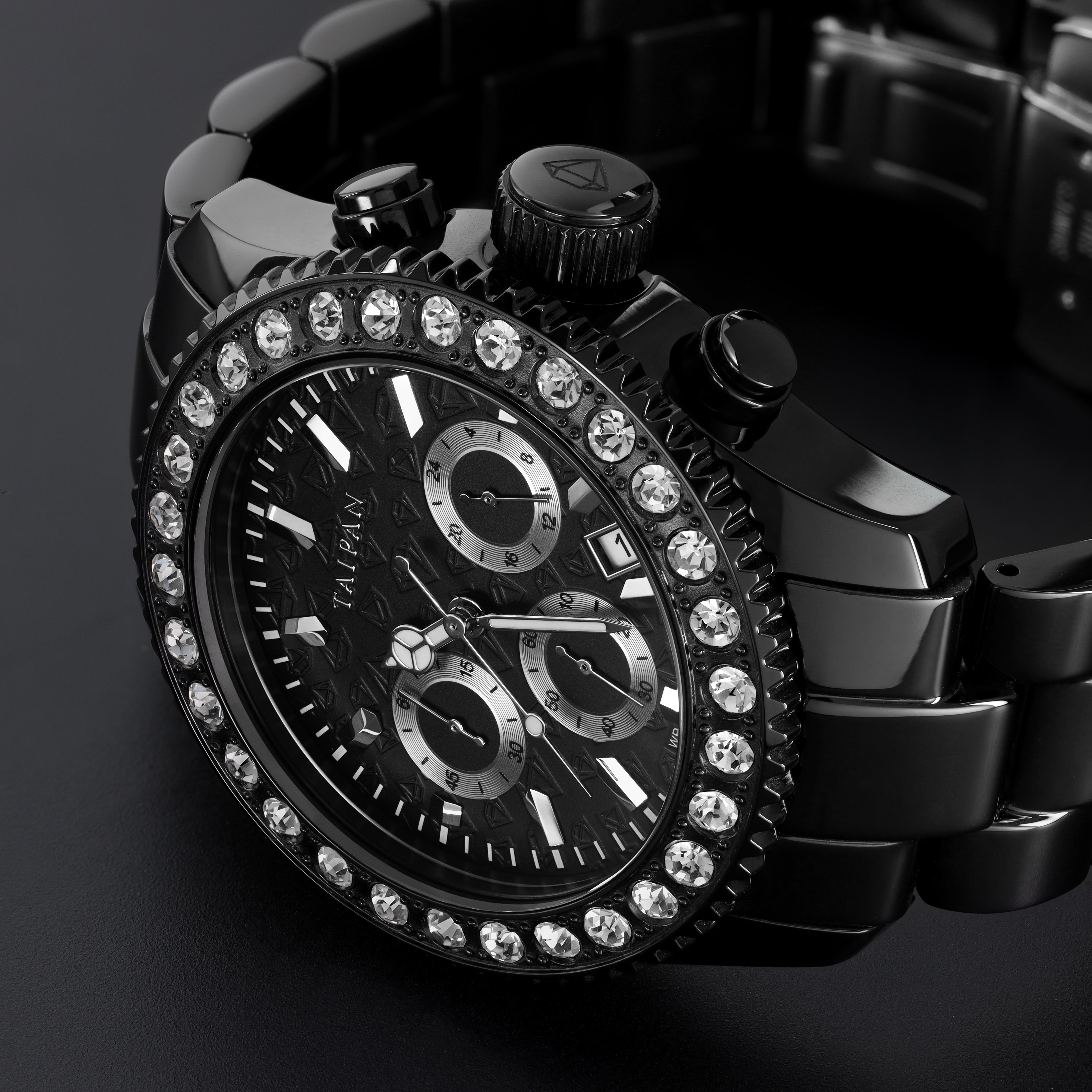 Armbanduhr Chronograph ALL BLACK mit 3 Lünetten iced out, geriffelt, plain - Taipan Schmuck