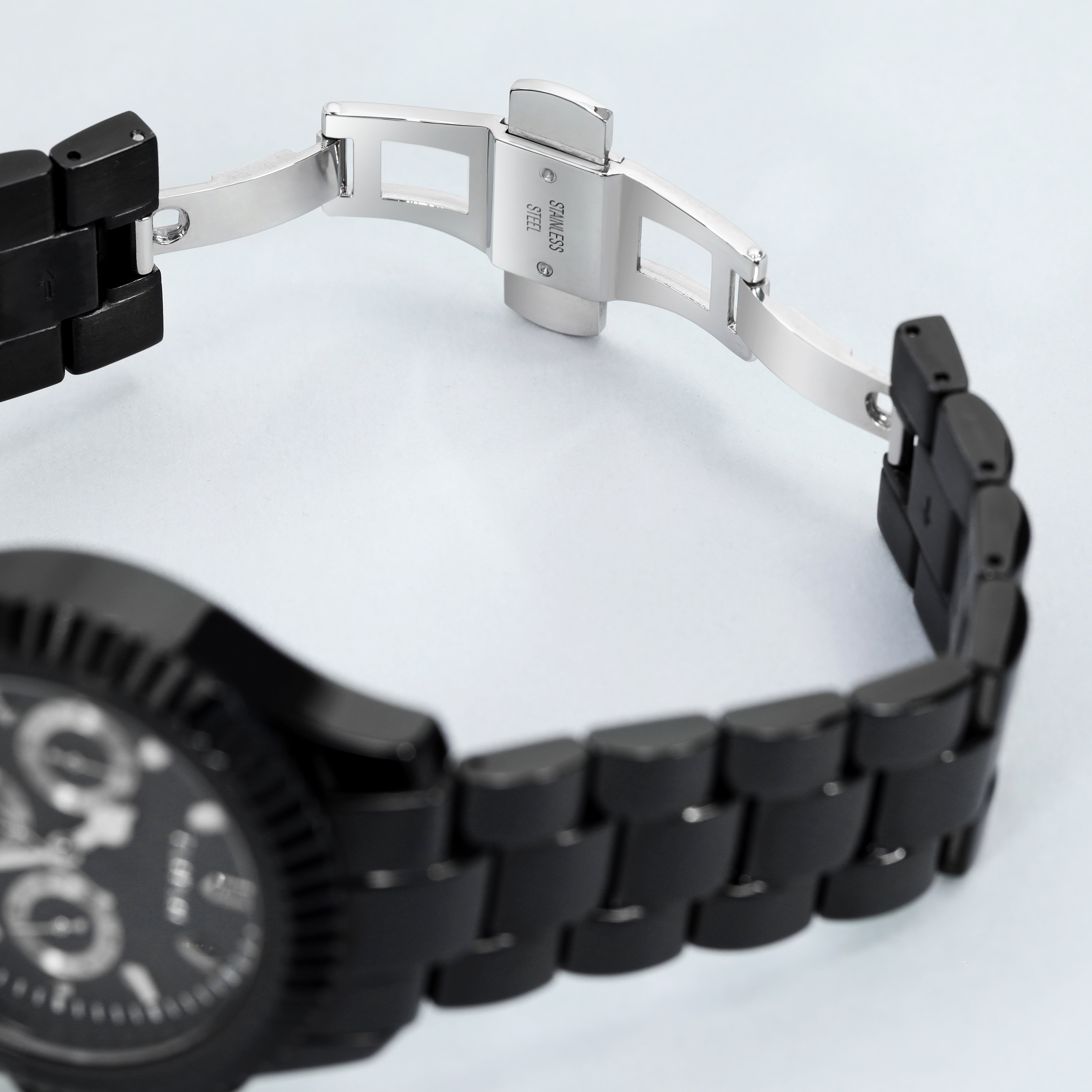 Armbanduhr Chronograph ALL BLACK mit 3 Lünetten iced out, geriffelt, plain - Taipan Schmuck