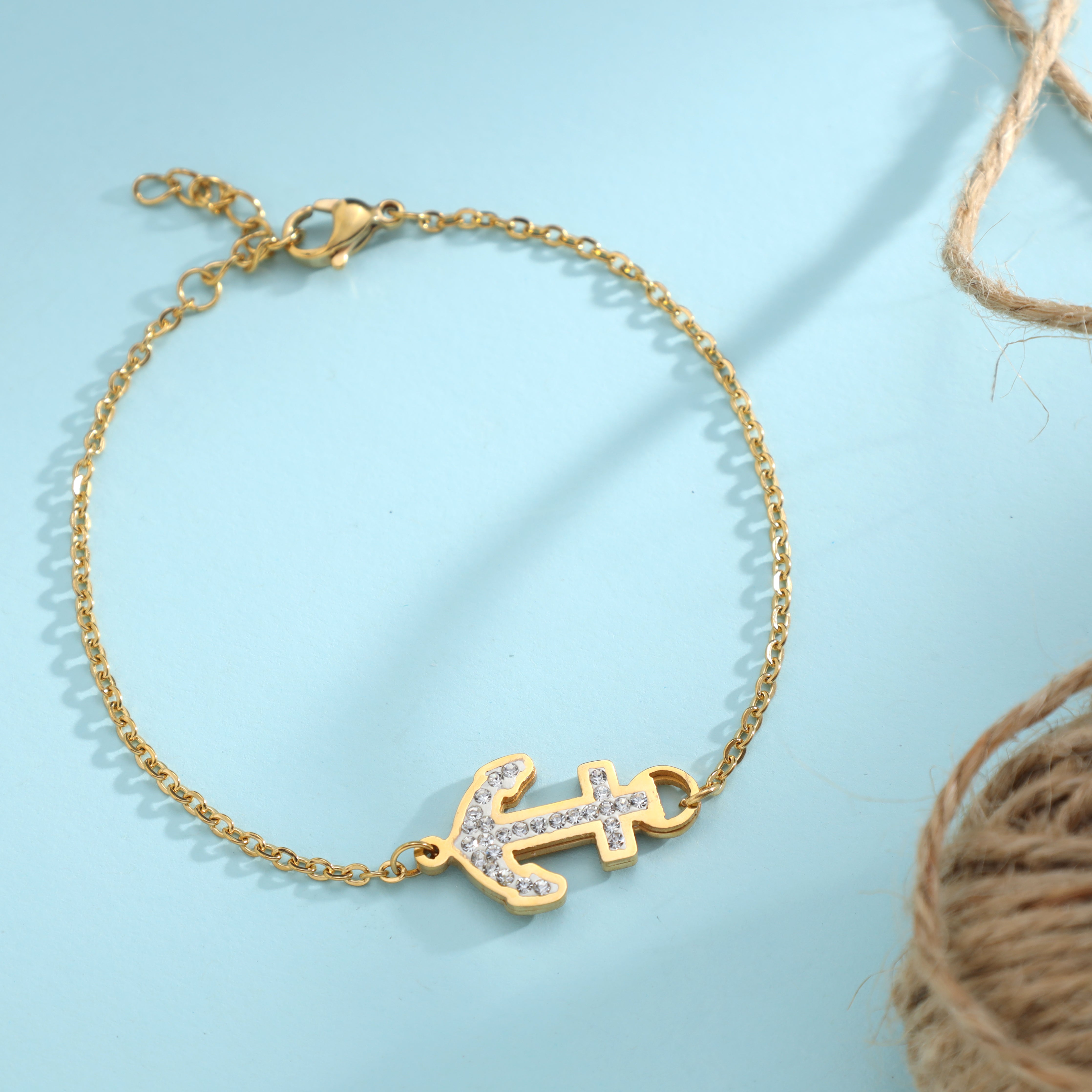 Ladies anchor chain with anchor bracelet made of stainless steel 14K gold plated 