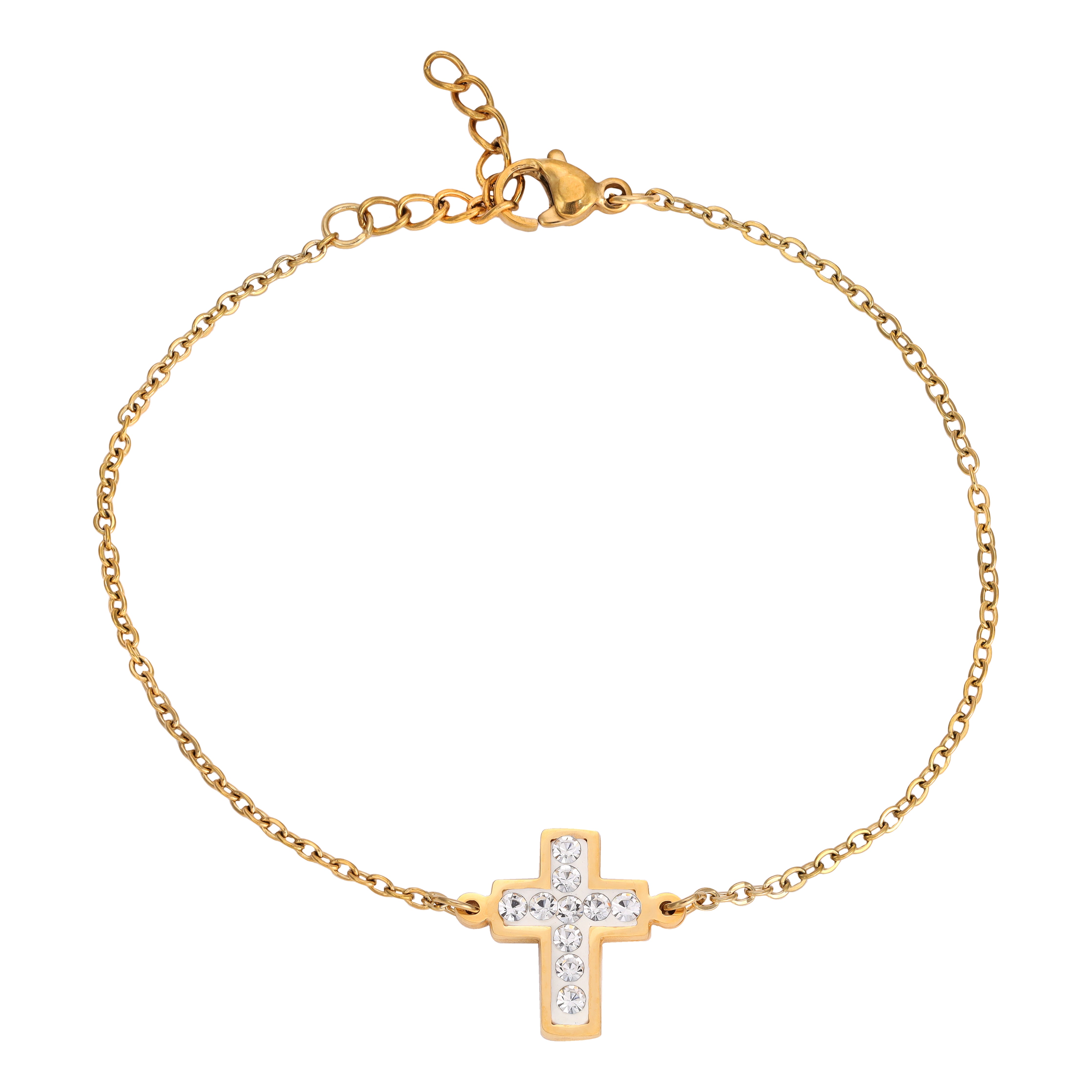 Ladies anchor chain with cross bracelet made of stainless steel 14K gold plated 