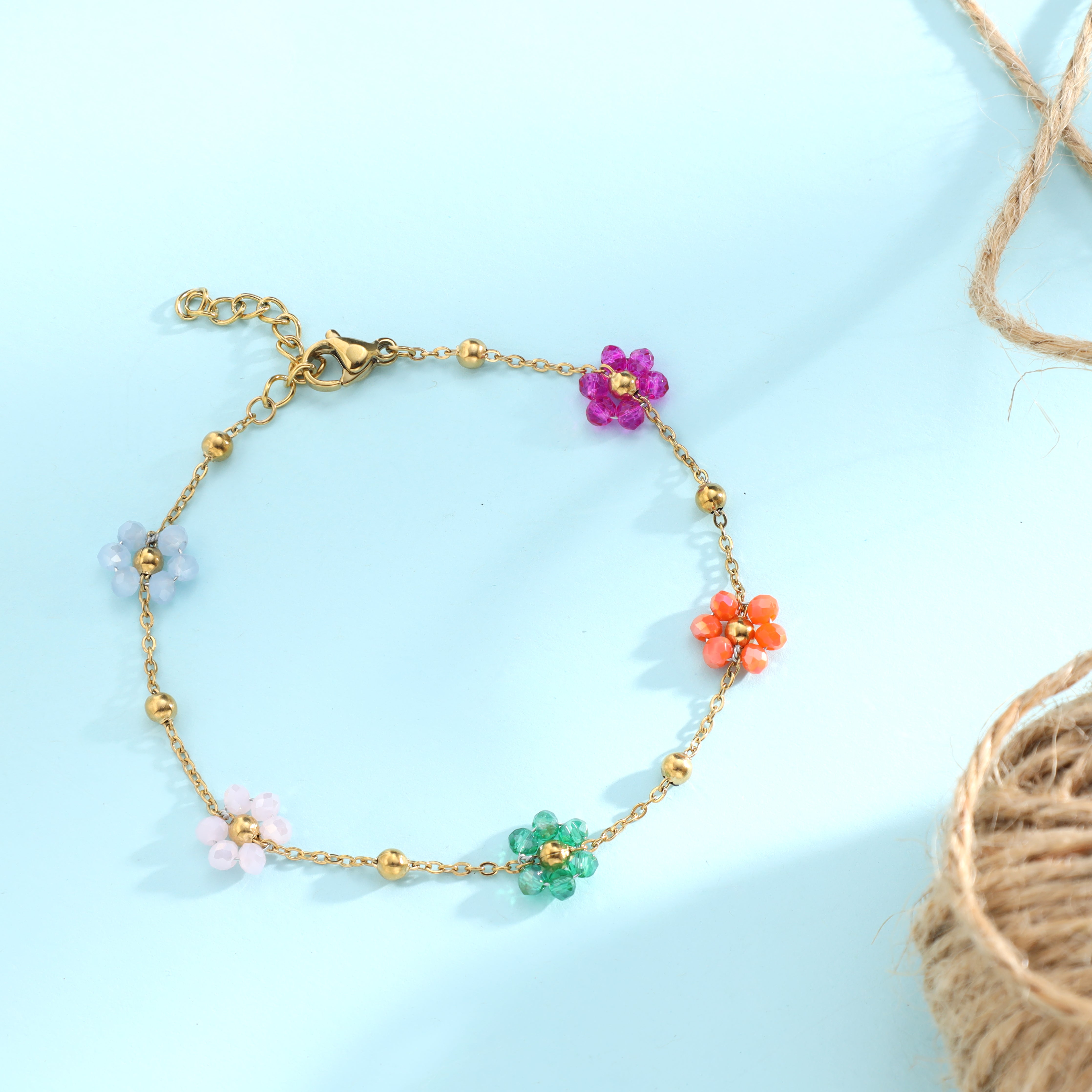 Damen Ankerkette Armband mit Blumen aus Edelstahl 14K Vergoldet