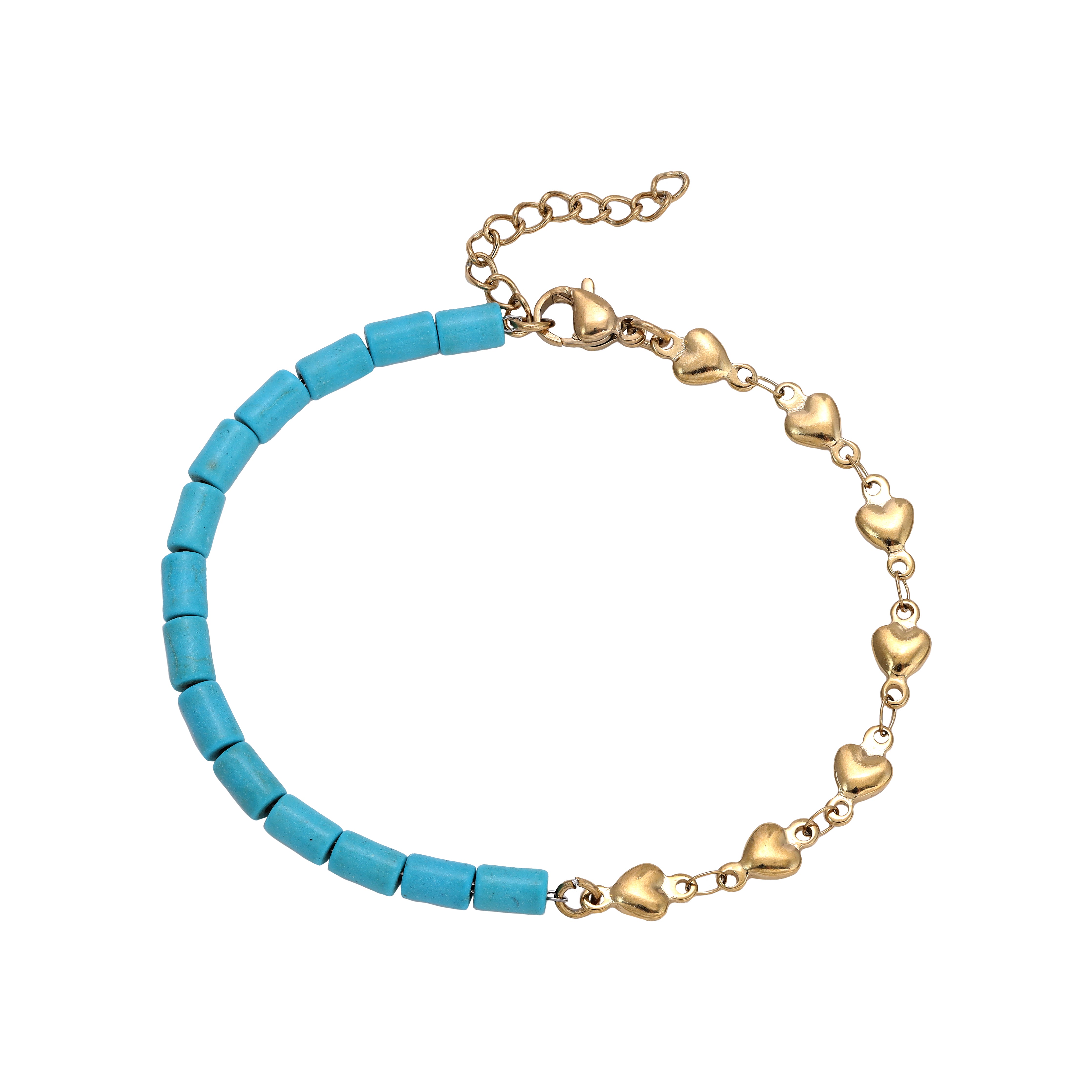 Turquoise ladies pearl bracelet with heart motif made of stainless steel 18K gold plated 