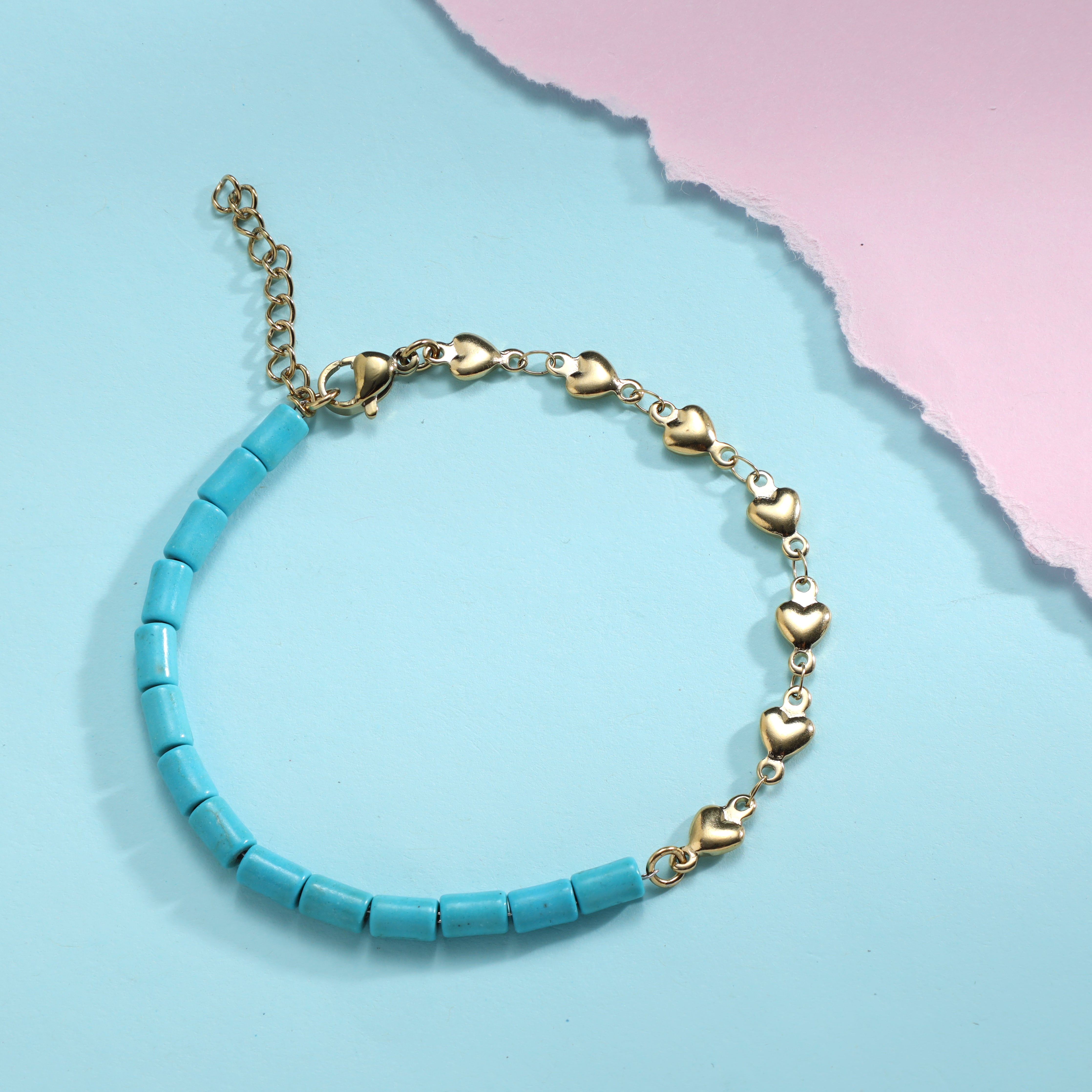 Turquoise ladies pearl bracelet with heart motif made of stainless steel 14K gold plated 