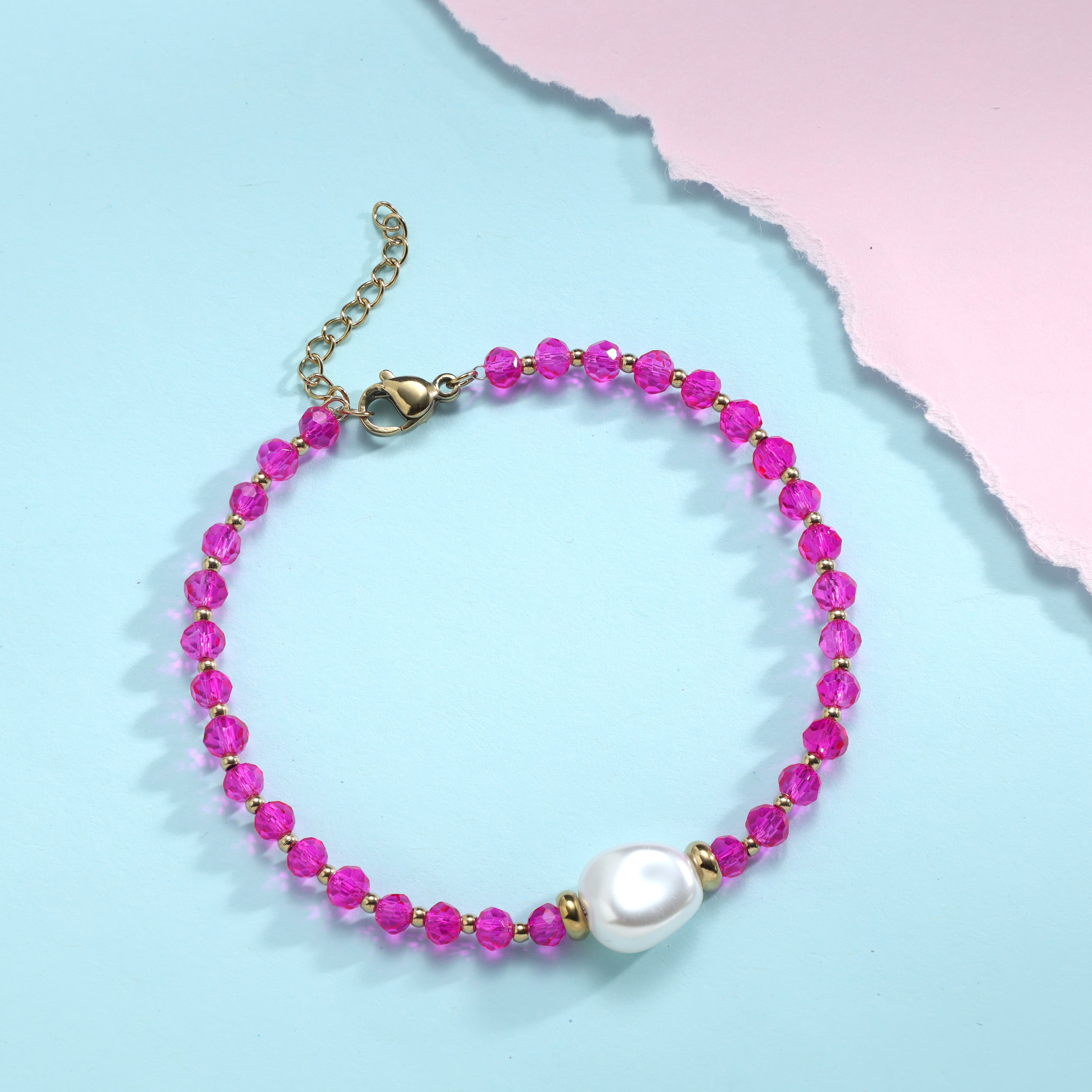 Ladies pink pearl bracelet with mother of pearl made of stainless steel 14K gold plated 