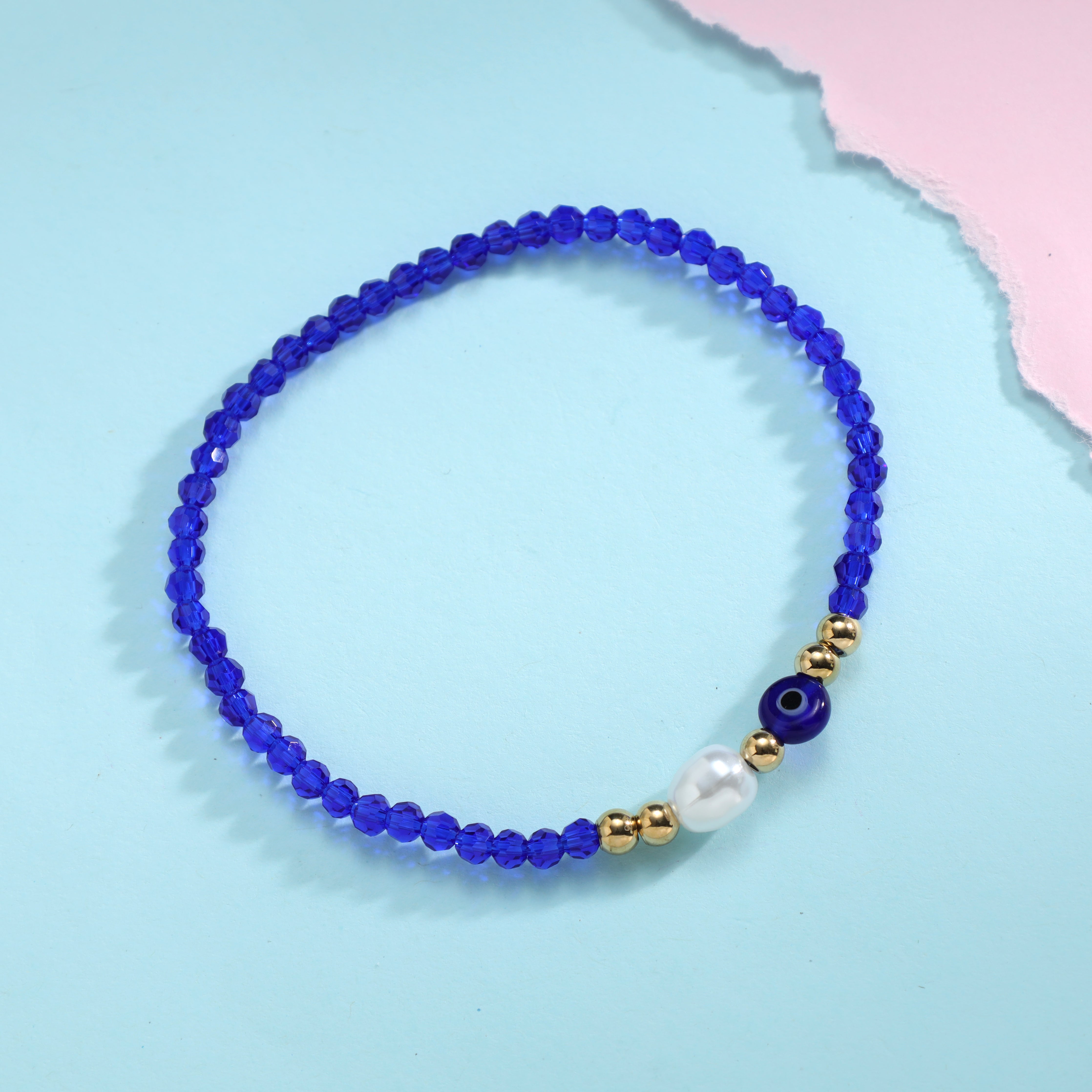 Damen Beads Armband blau mit Evil Eye Motiv Perlmutt aus Edelstahl