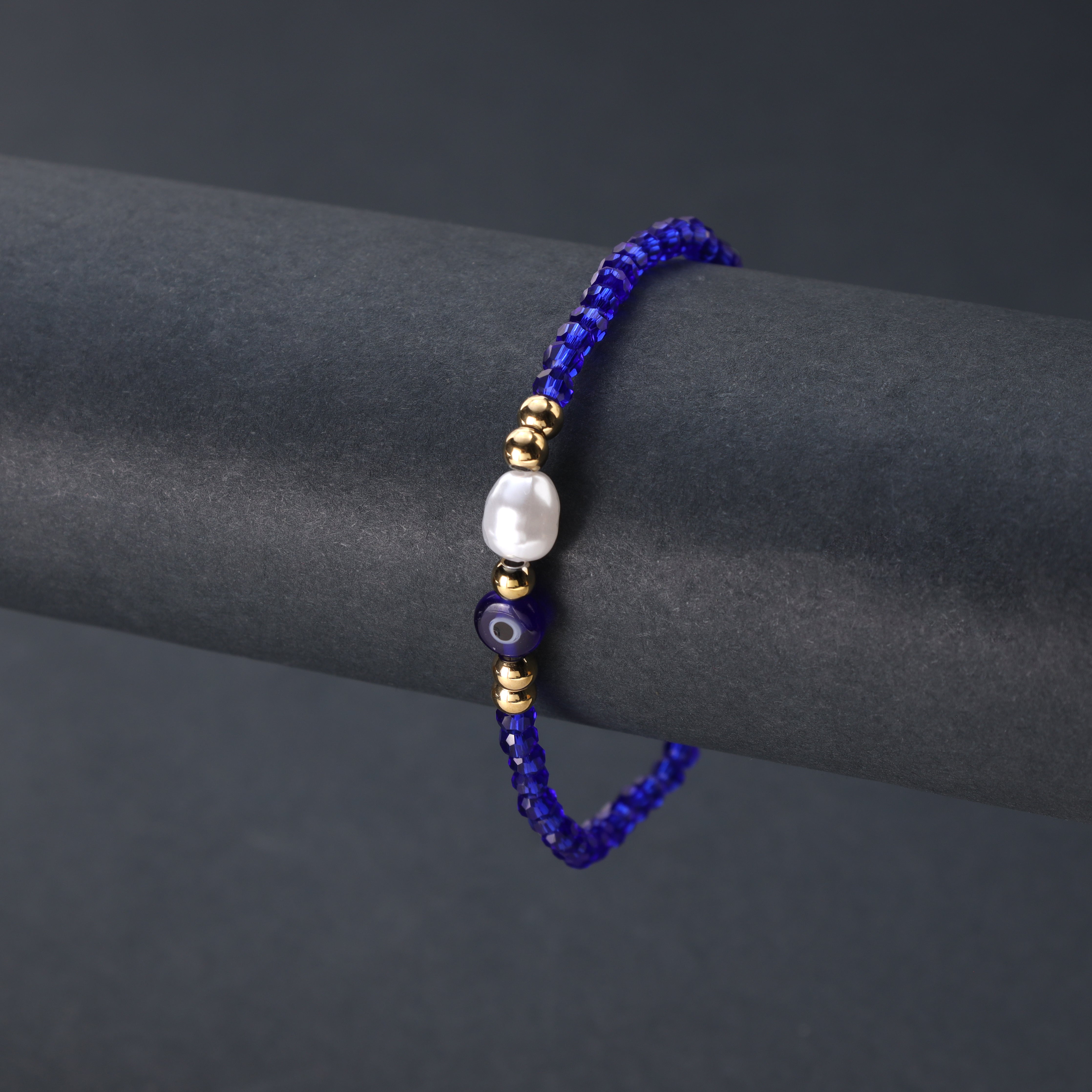 Ladies Beads Bracelet blue with Evil Eye motif mother of pearl made of stainless steel 