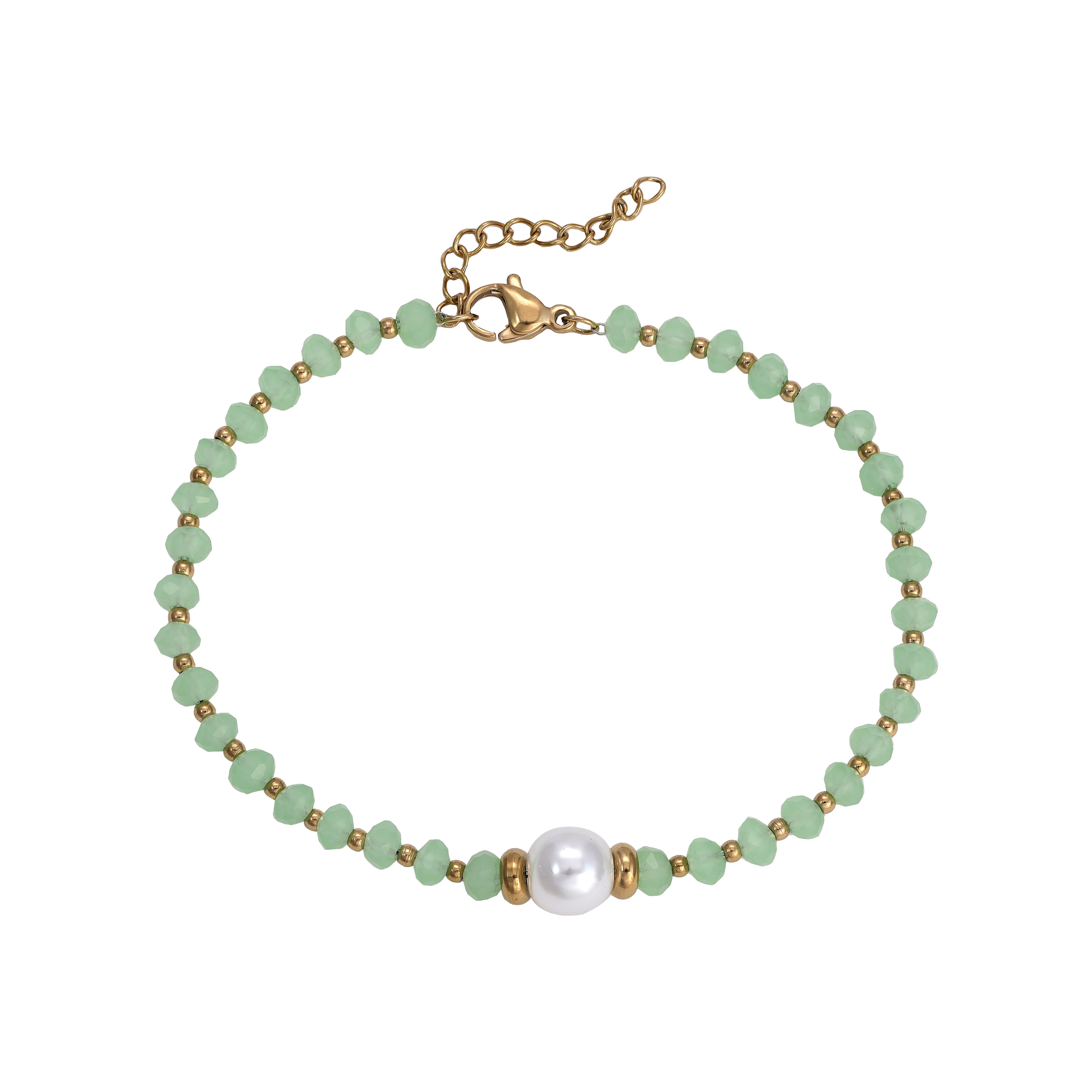 Ladies Gold &amp; Green Beads Bracelet made of stainless steel 14K gold plated 