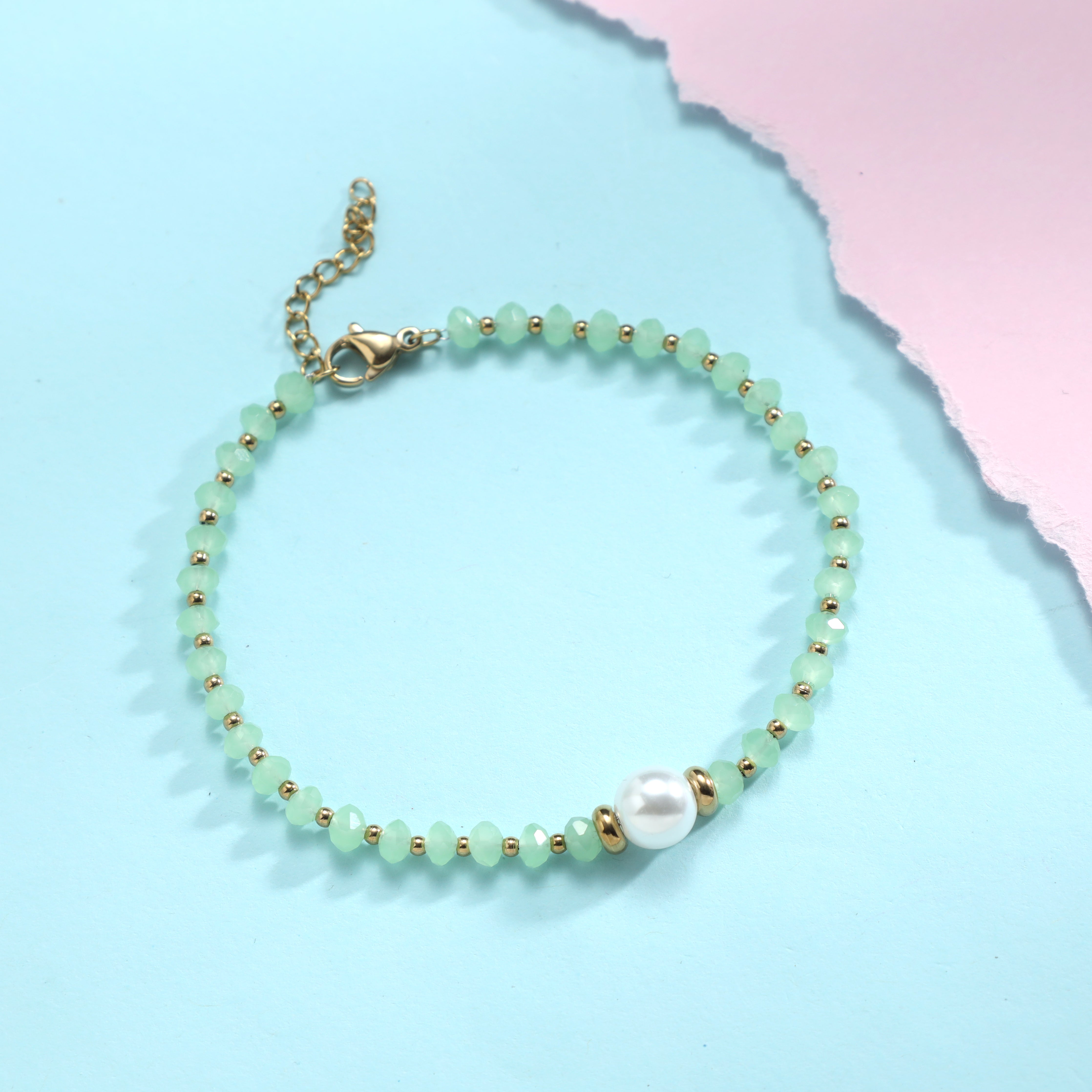 Ladies Gold &amp; Green Beads Bracelet made of stainless steel 14K gold plated 