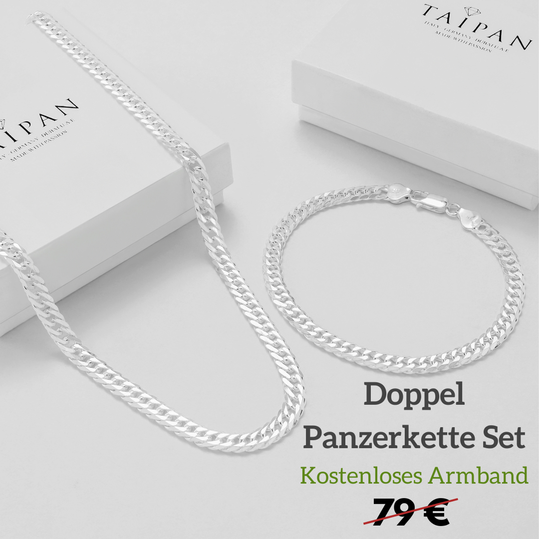 Set - Doppel Panzerkette 6mm - Set Halskette + Armband aus 925 Sterling Silber - Kostenloses Armband - Taipan Schmuck