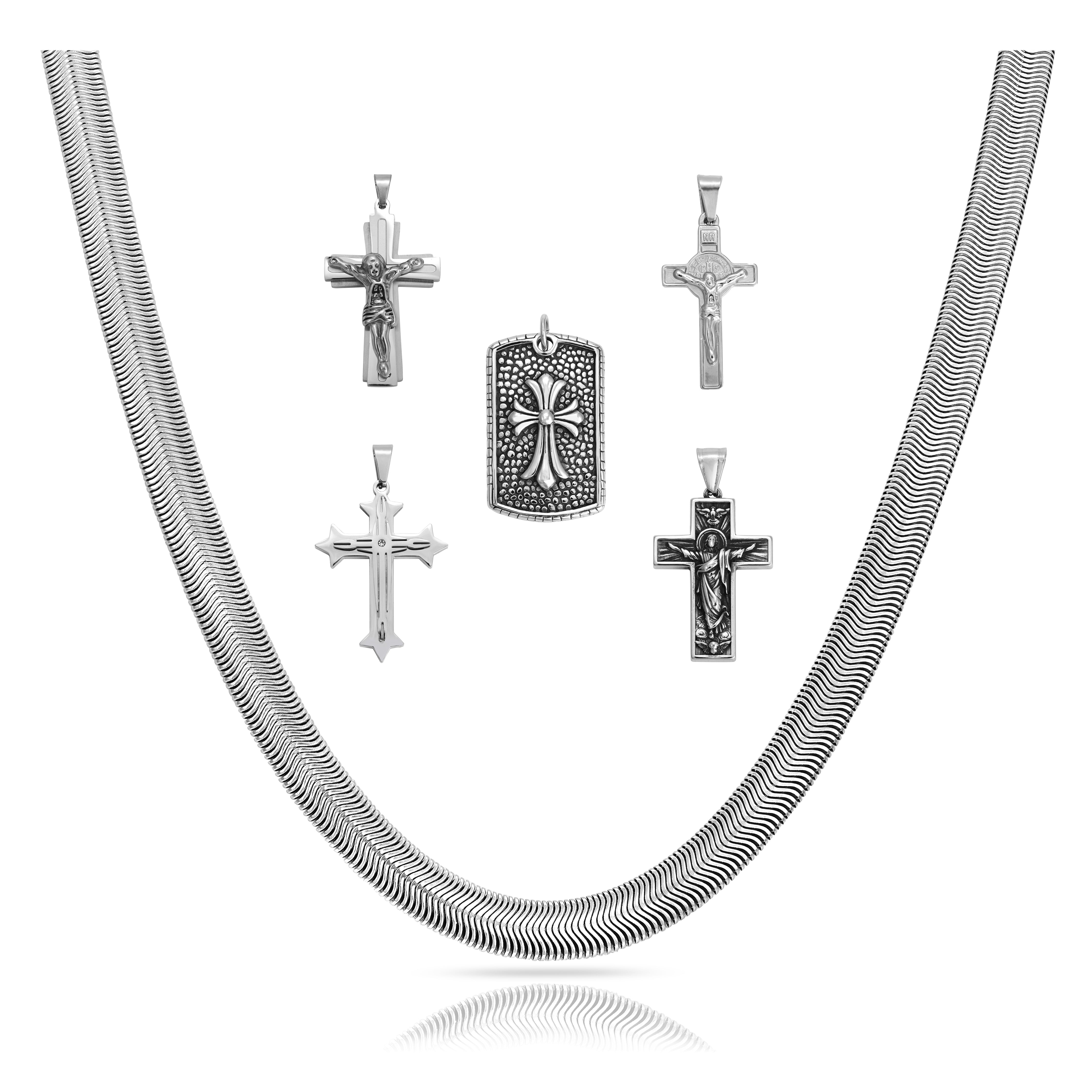 Set 10 - Edelstahl Herringbone Chain 6,3mm breit + Edelstahl Kreuz Anhänger - Taipan Schmuck