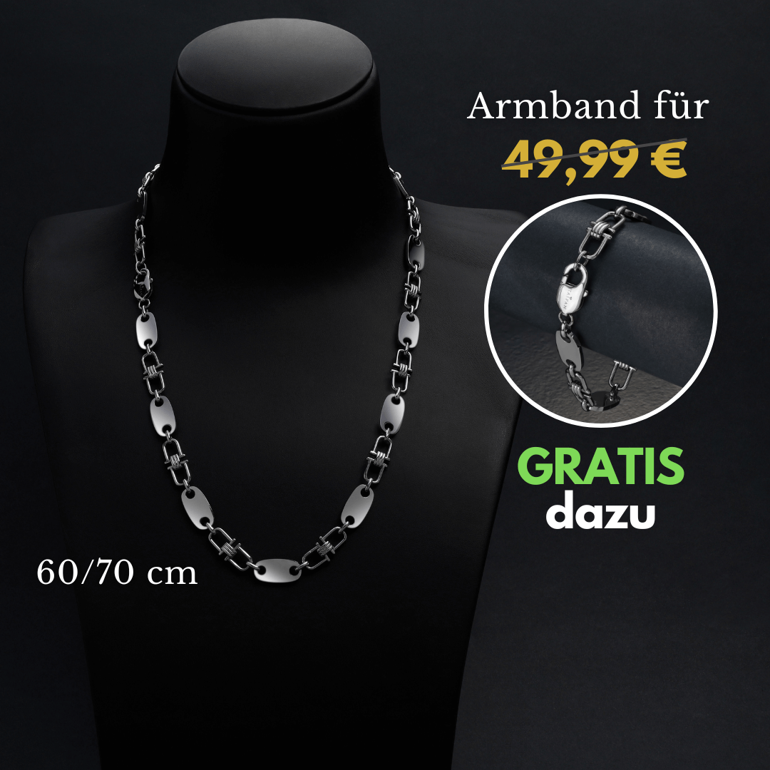 Set - Edelstahl Plattenkette mit beweglichen Steigbügeln 10mm breit - Kostenloses Armband - Taipan Schmuck