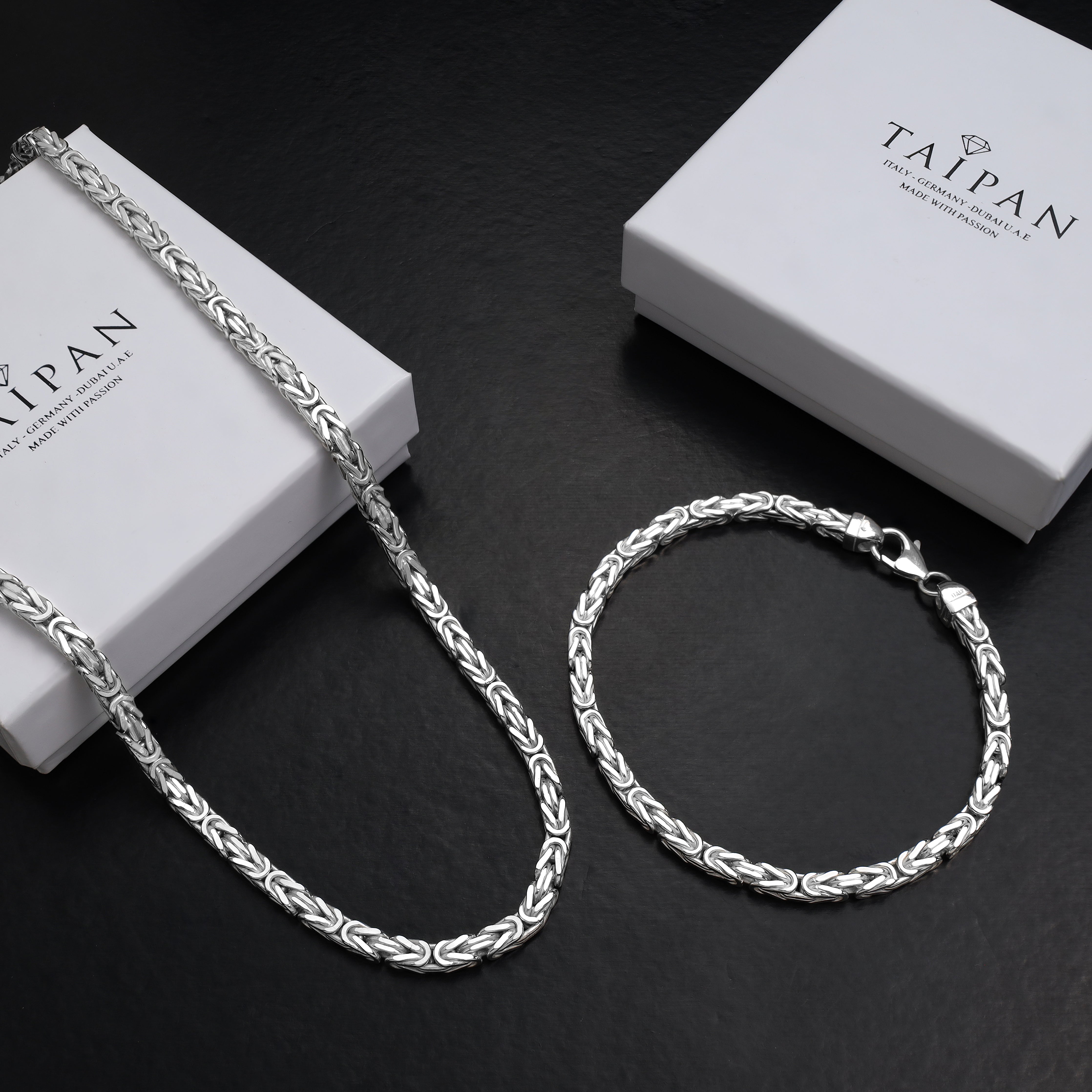Set - Königskette vierkant 4mm - Halskette + Armband aus 925 Silber - 20% sparen - Taipan Schmuck