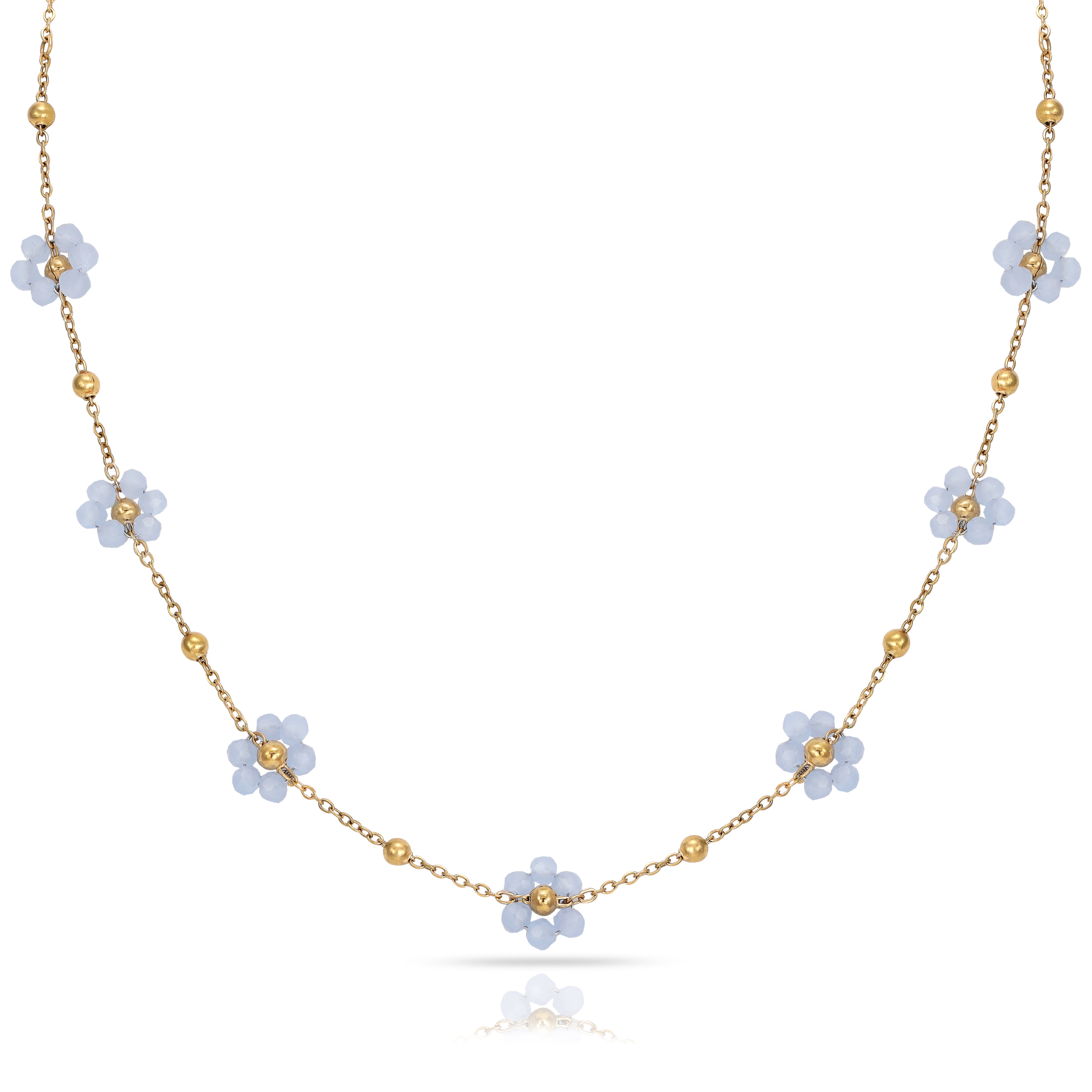 Damen Ankerkette mit blauen/lavendel Blumen aus Edelstahl 18K Vergoldet