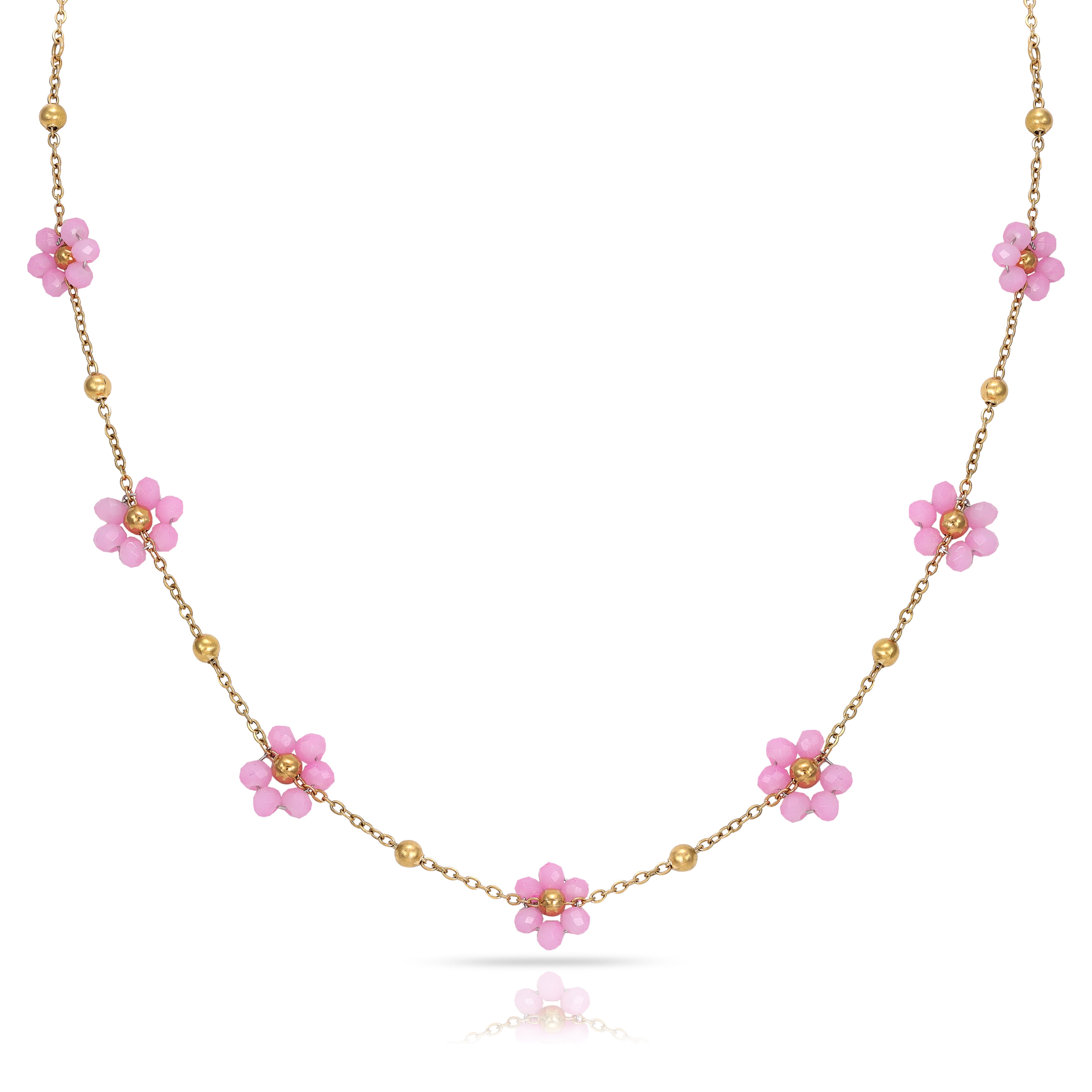 Ladies anchor chain with pink flowers made of stainless steel 18K gold plated 