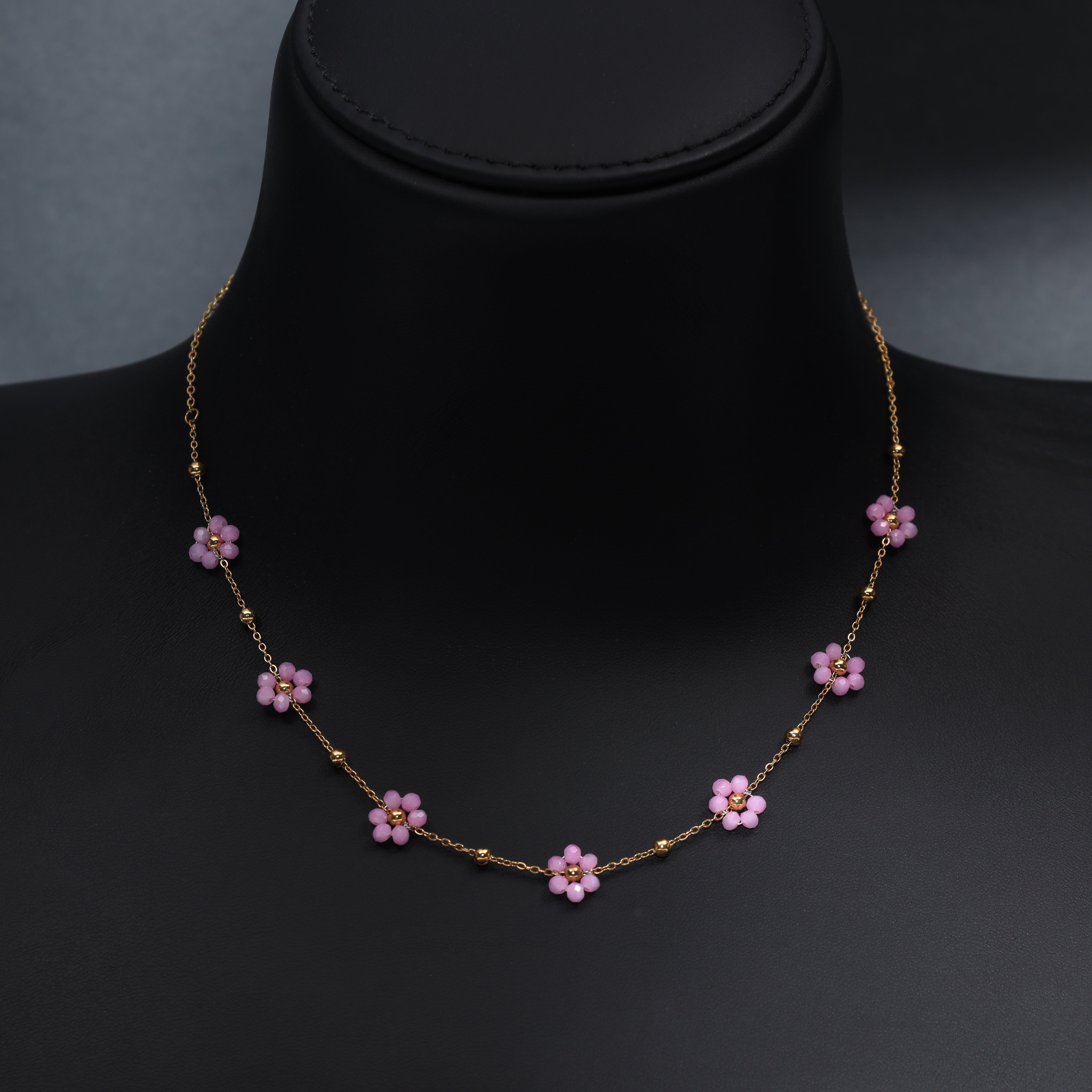 Damen Ankerkette mit rosa Blumen aus Edelstahl 18K Vergoldet