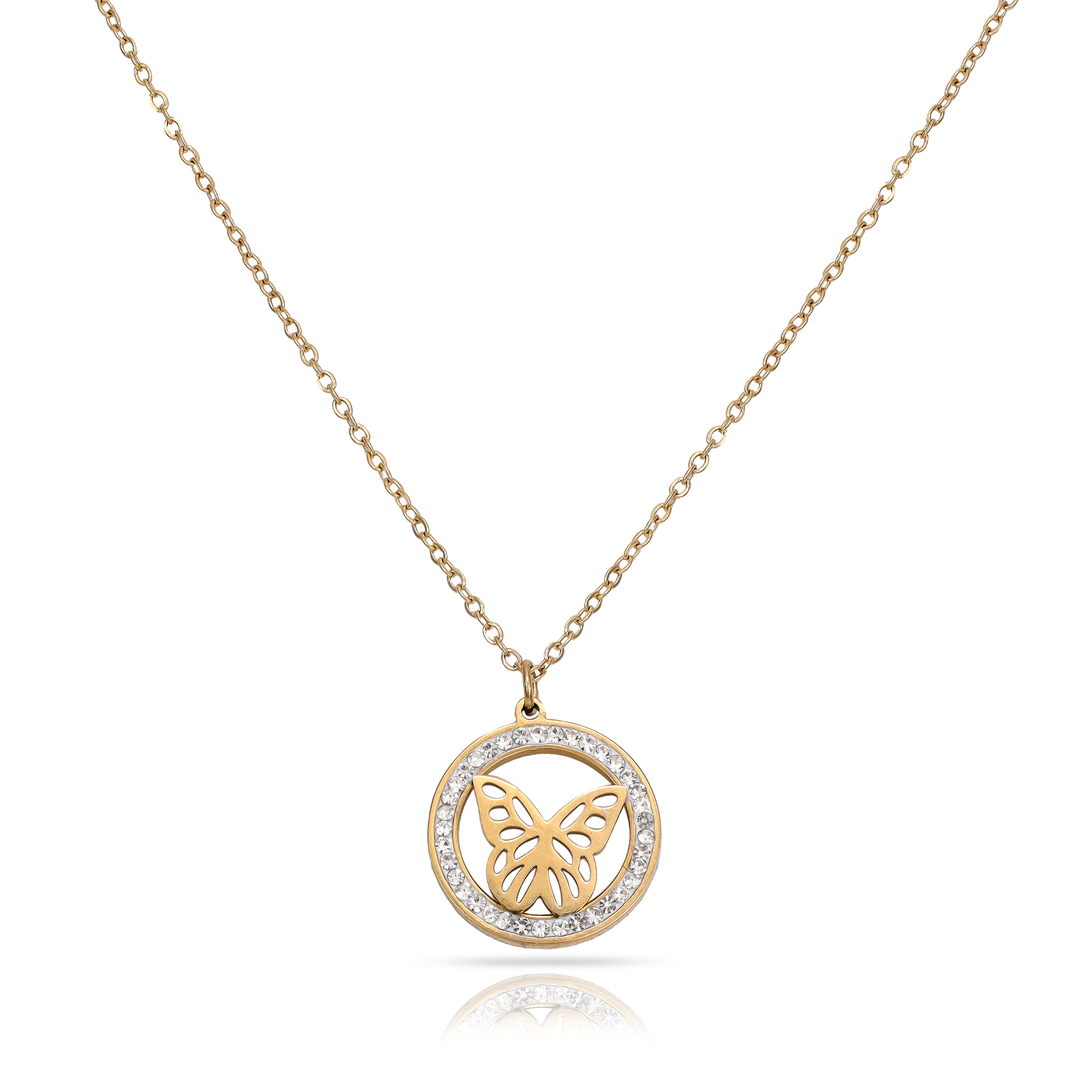 Ladies necklace with butterfly pendant made of stainless steel 14K gold plated