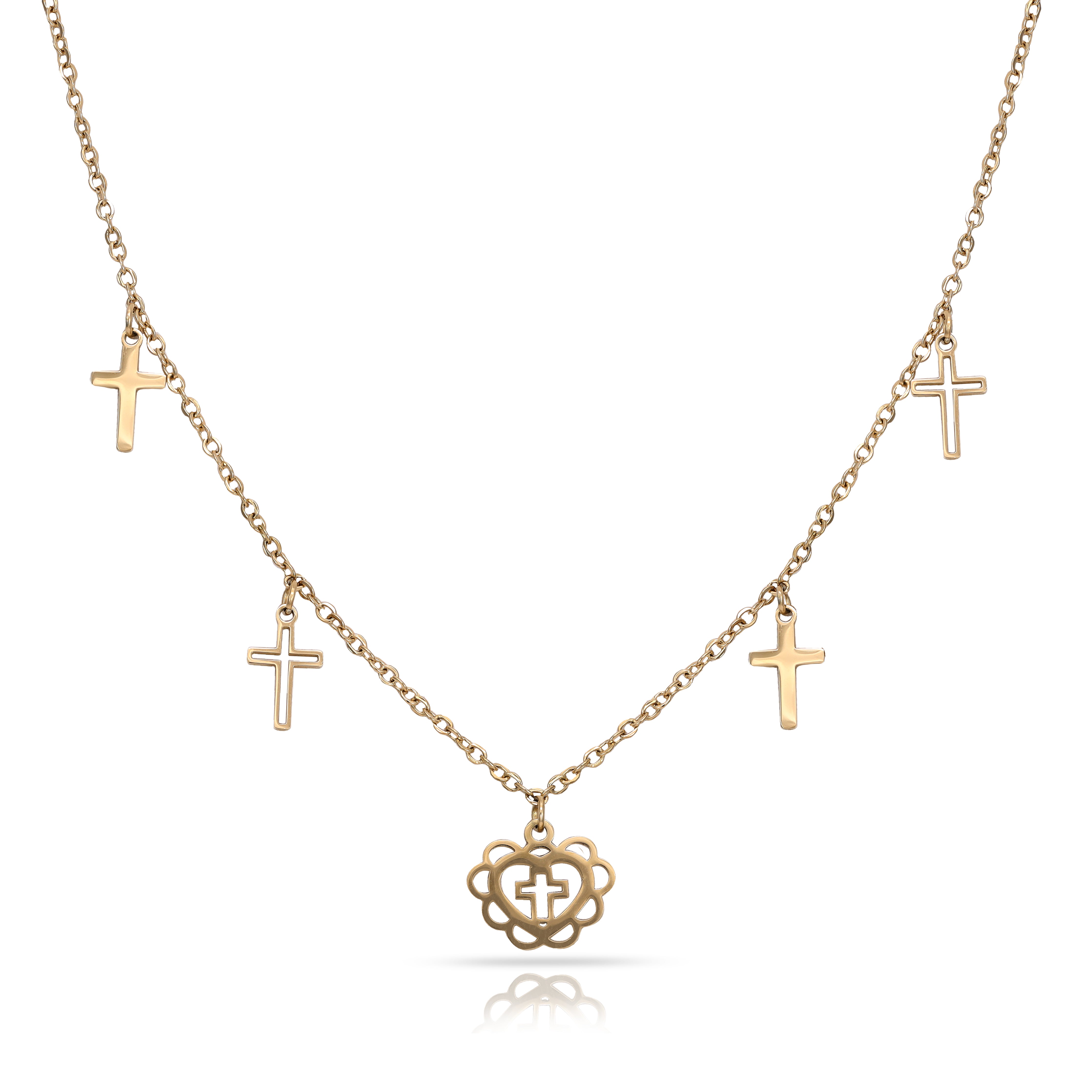 Women's necklace with cross &amp; heart pendant made of stainless steel 18K gold-plated