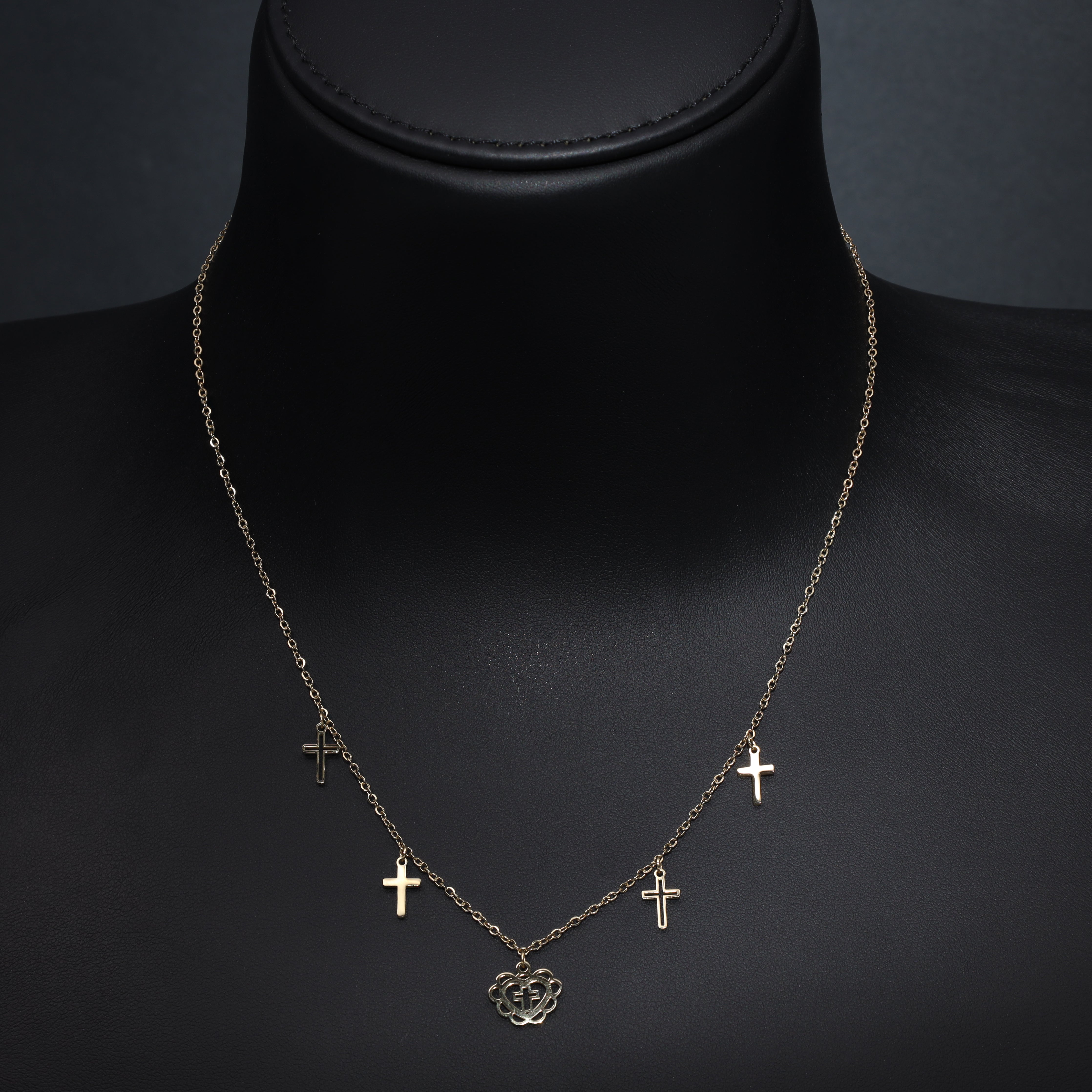 Ladies necklace with cross &amp; heart pendant made of stainless steel 14K gold plated 