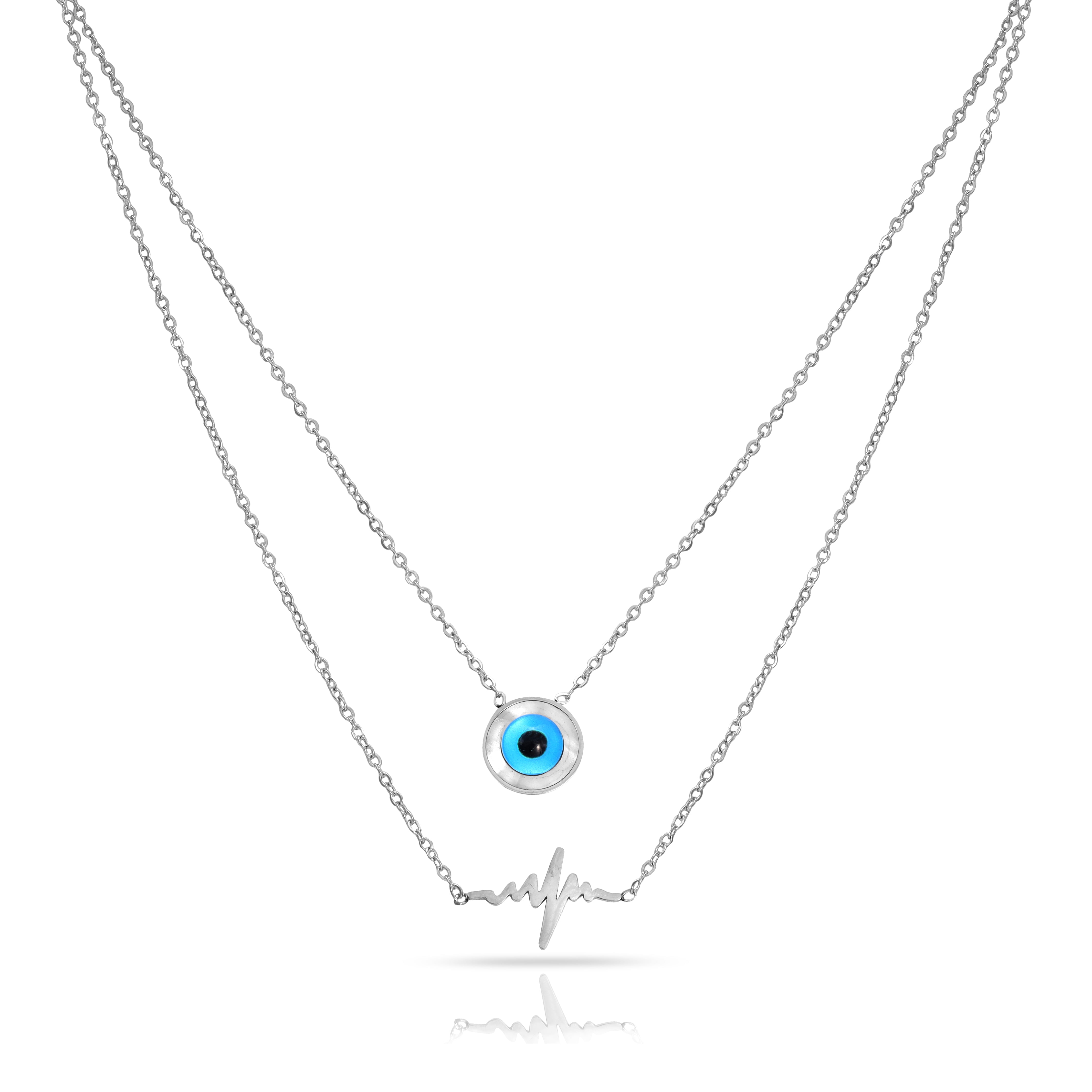 Layering ladies necklace with heartbeat and Evil Eye Nazar pendant made of stainless steel