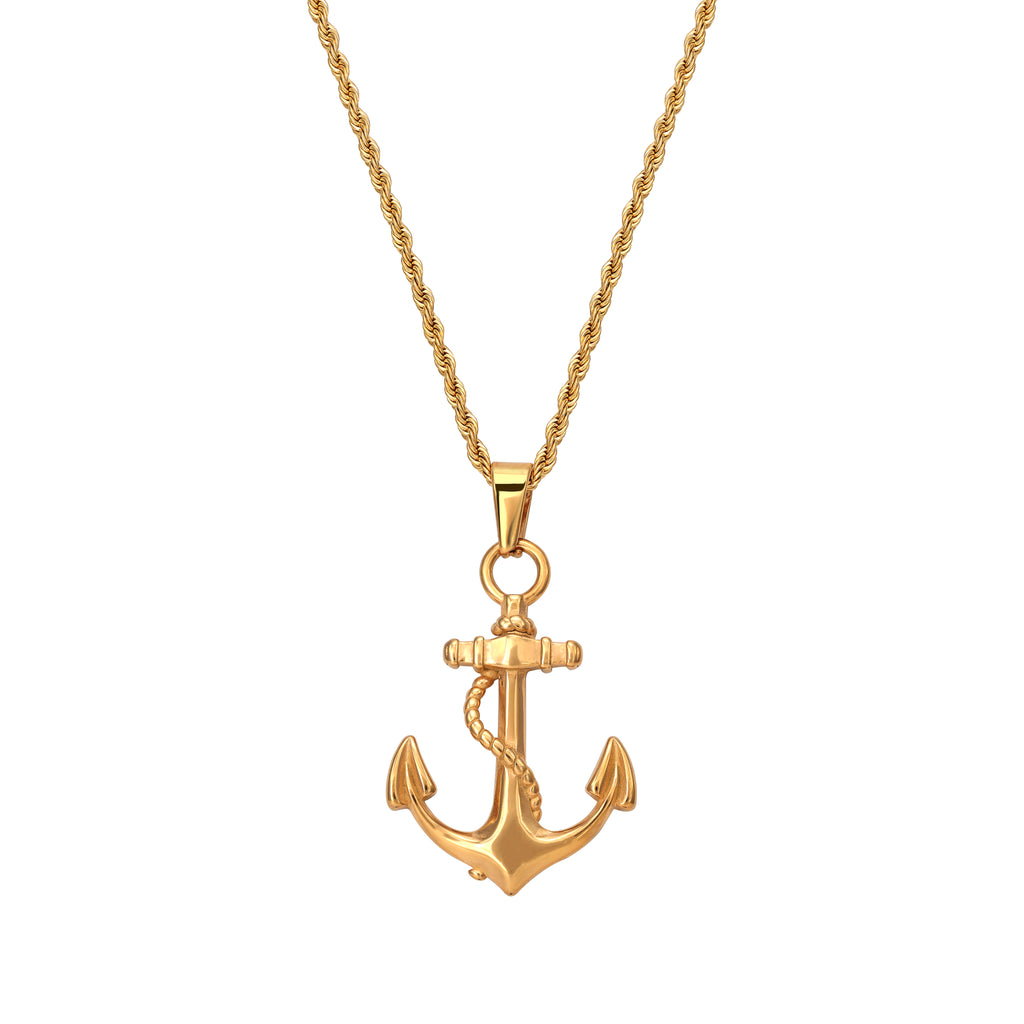 Set Kordelkette mit Anker Anhänger aus Edelstahl vergoldet – 55cm