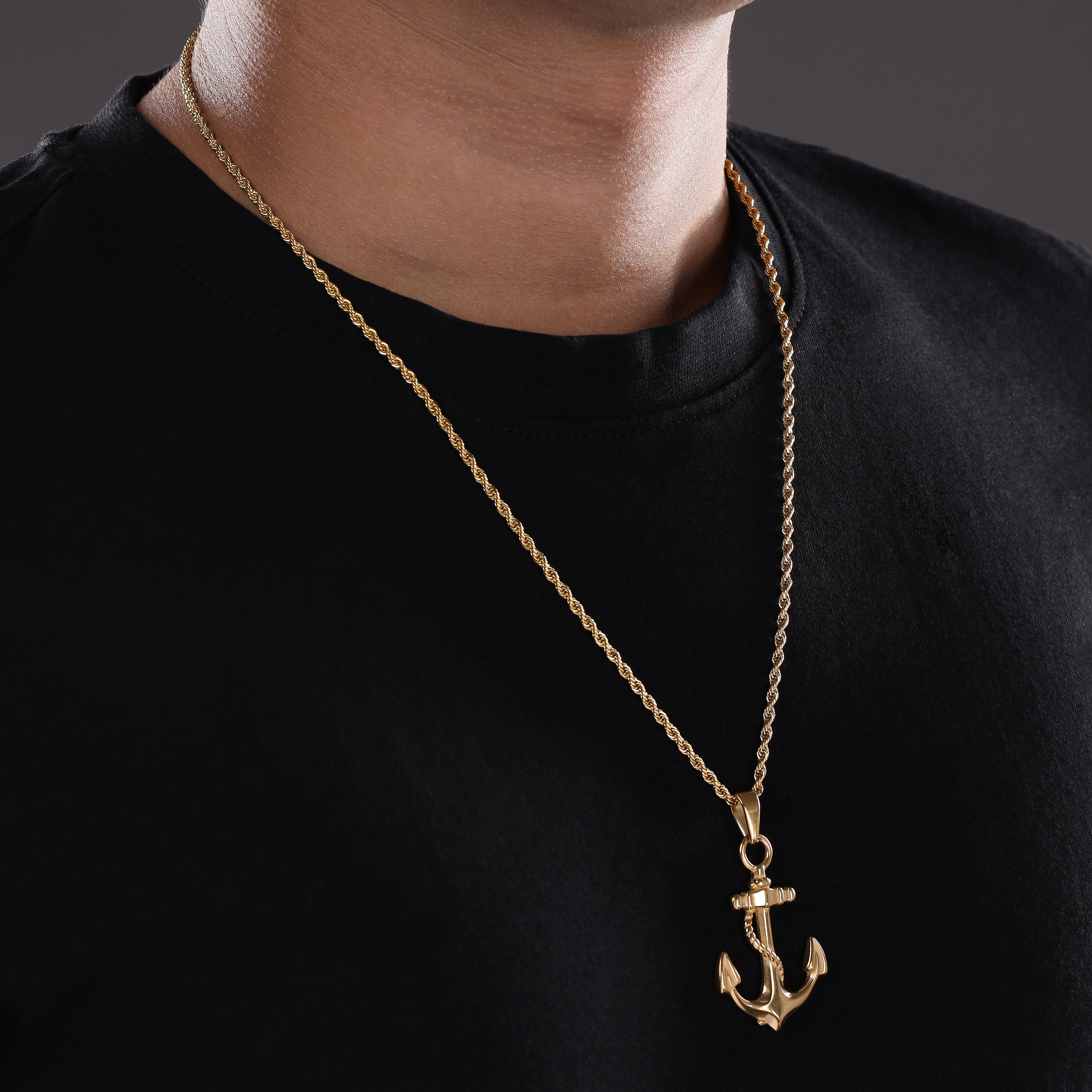 Kordelkette Rope Chain mit Anker Anhänger aus Edelstahl 18K vergoldet