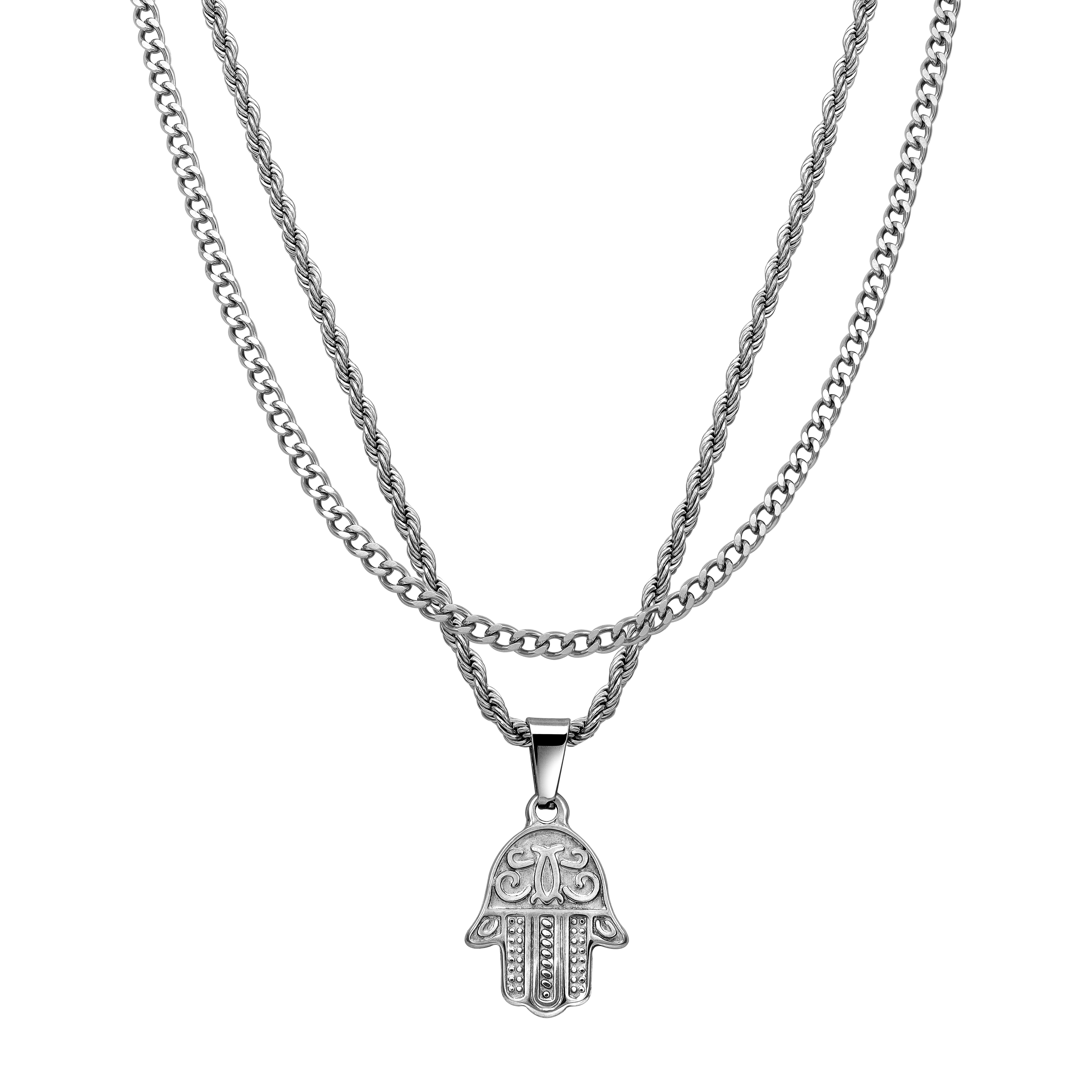 SET cord chain + curb chain with hand of Fatima pendant made of stainless steel 