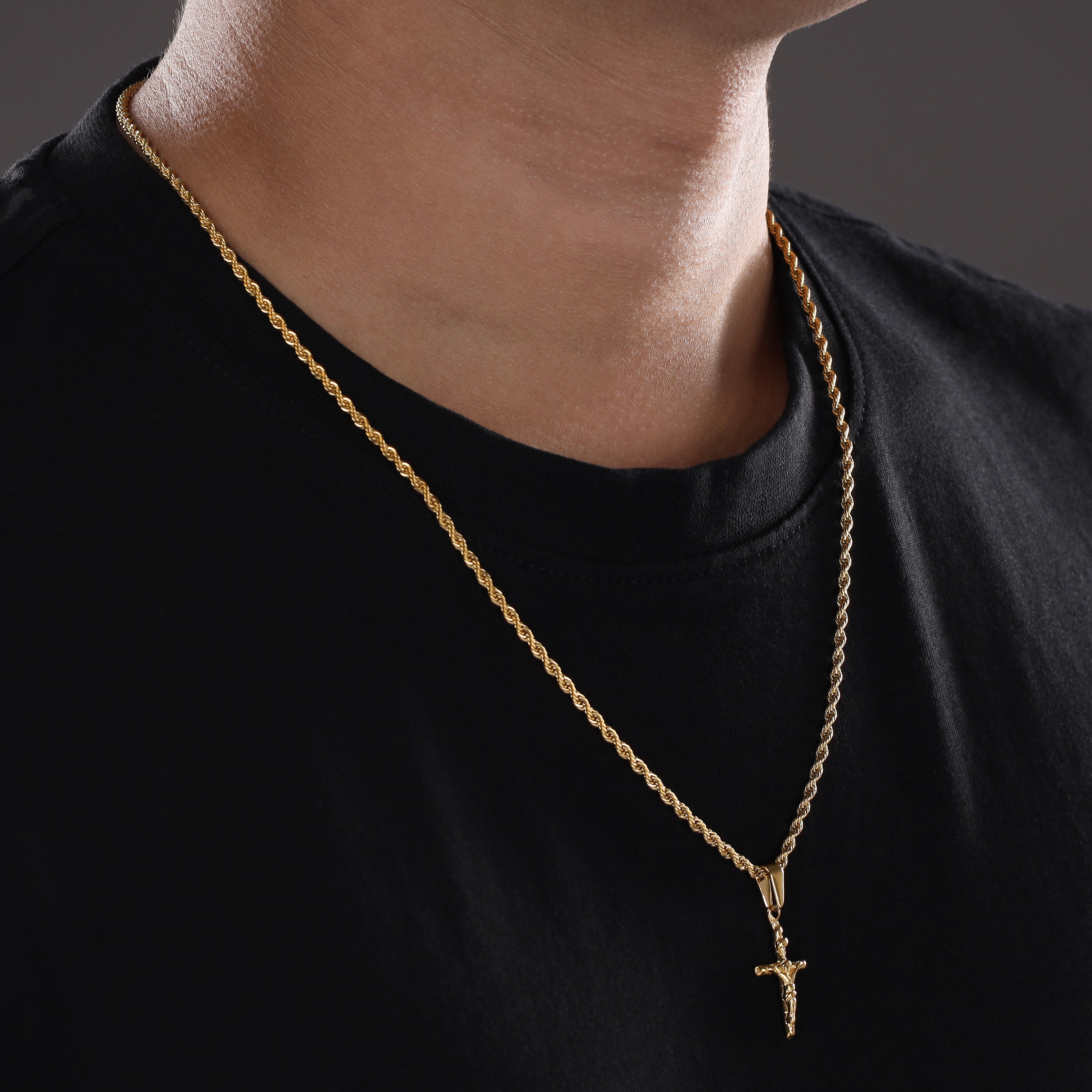 Kordelkette Rope Chain mit Kreuz Anhänger aus Edelstahl 18K vergoldet