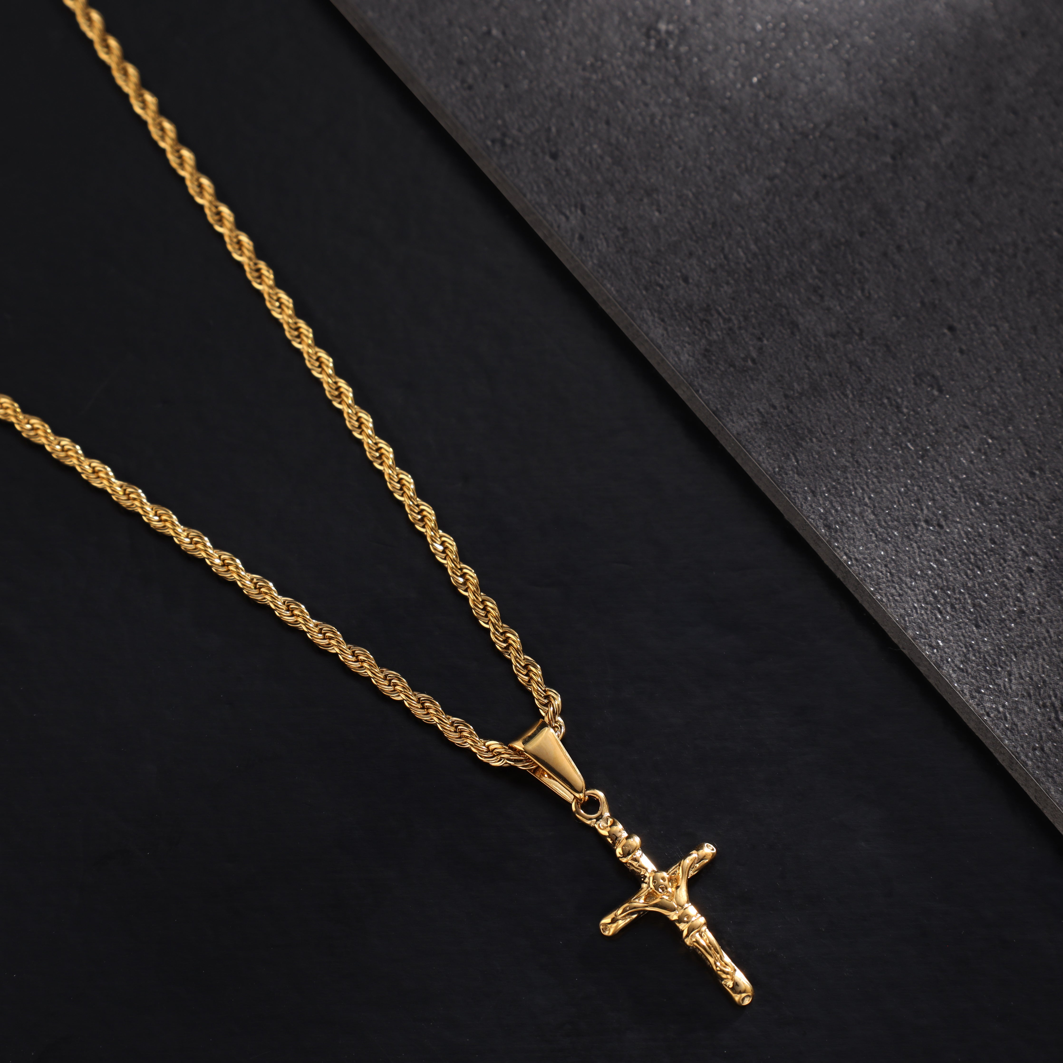 Kordelkette Rope Chain mit Kreuz Anhänger aus Edelstahl 18K vergoldet