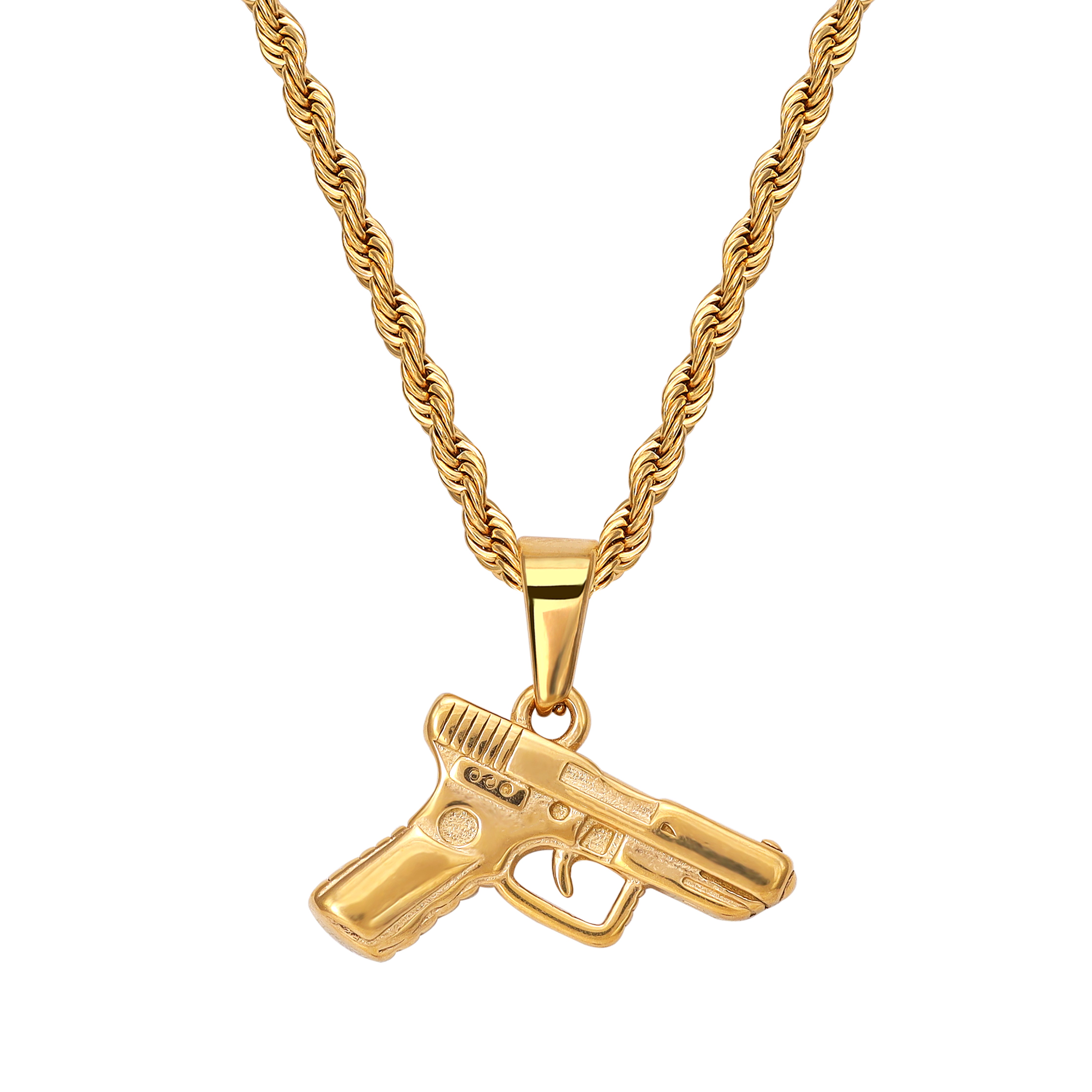 Rope Chain with pistol pendant made of stainless steel 18K gold plated 