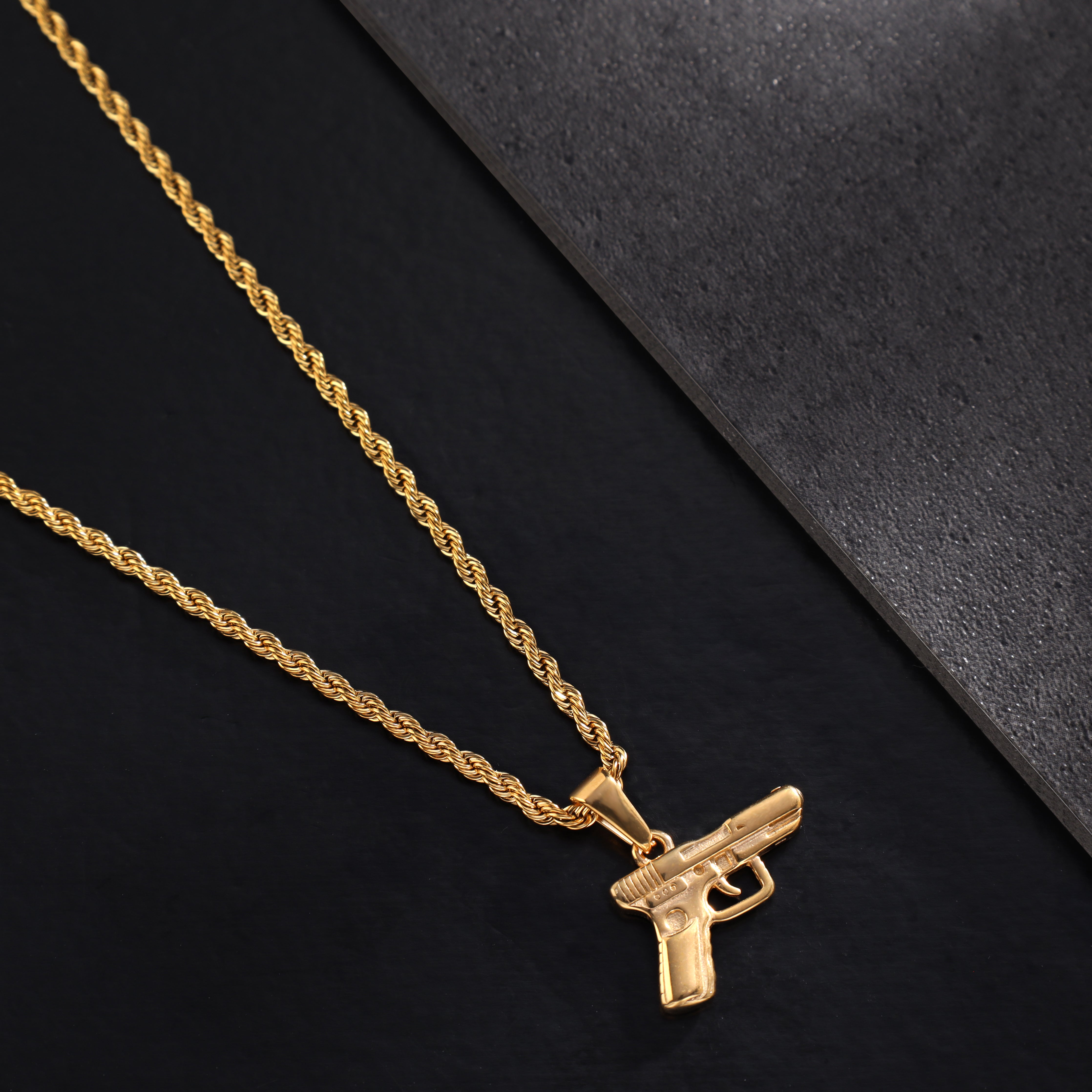 Rope Chain with pistol pendant made of stainless steel 18K gold plated 