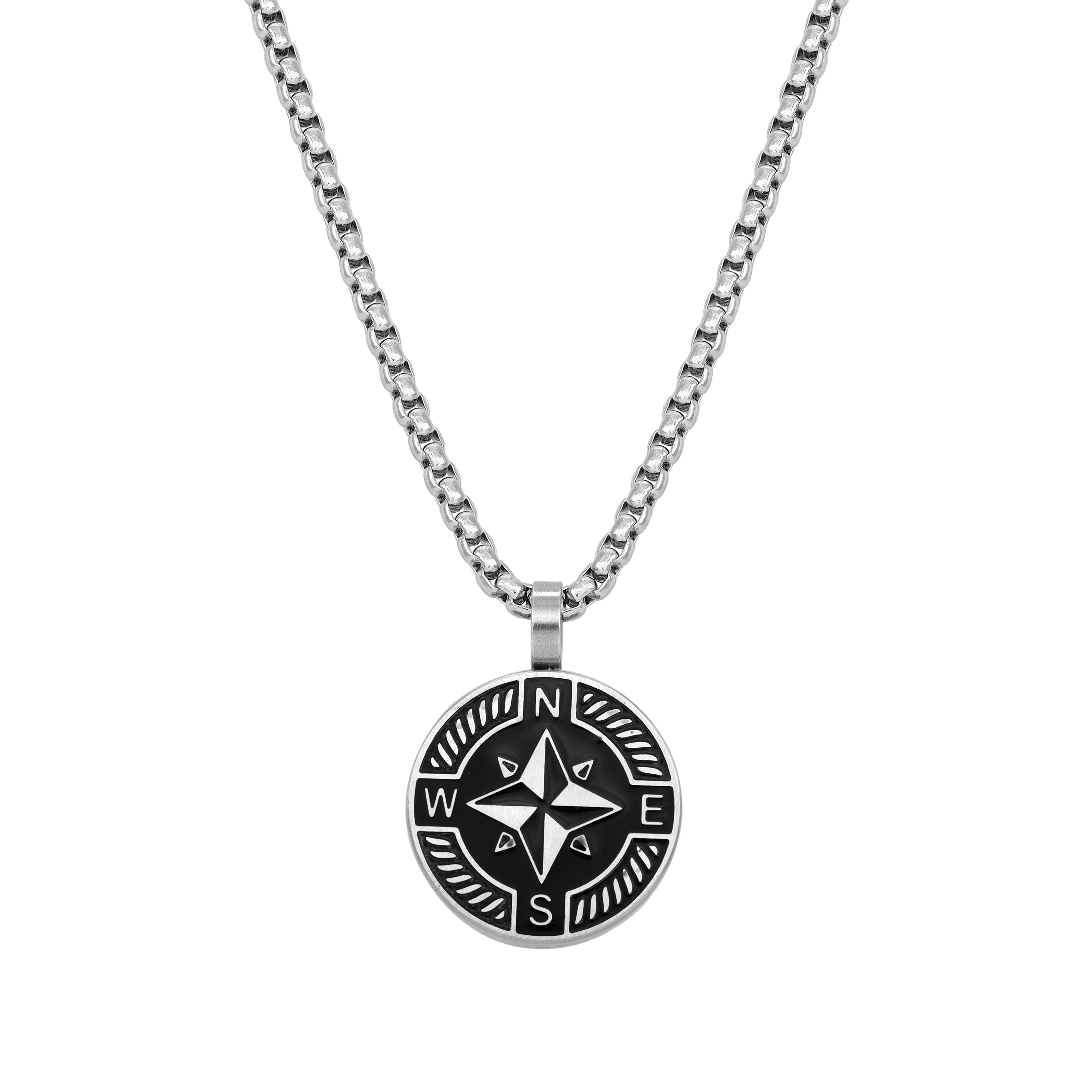 Box Chain Necklace with Compass Pendant made of Stainless Steel