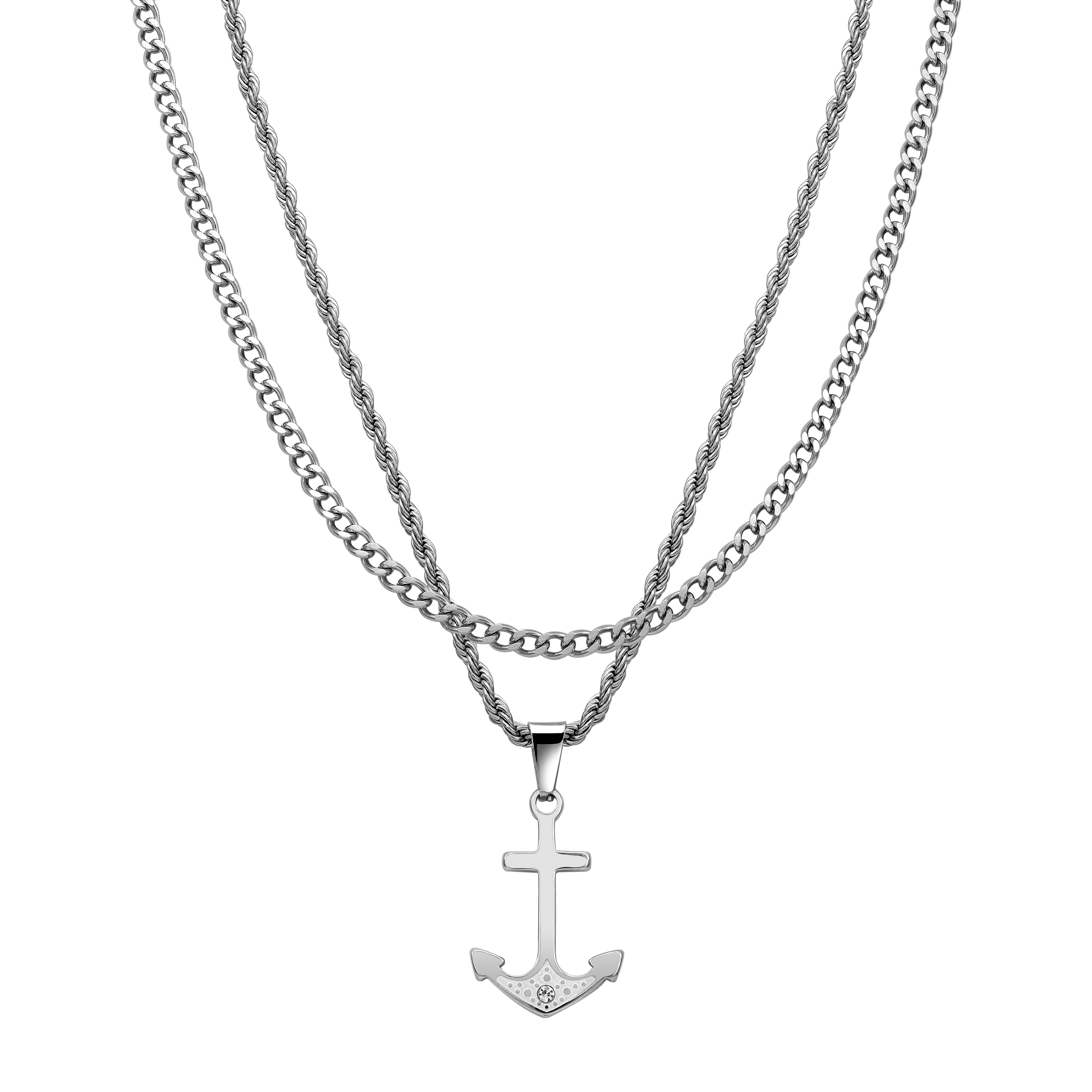 SET cord chain + curb chain with anchor pendant made of stainless steel 