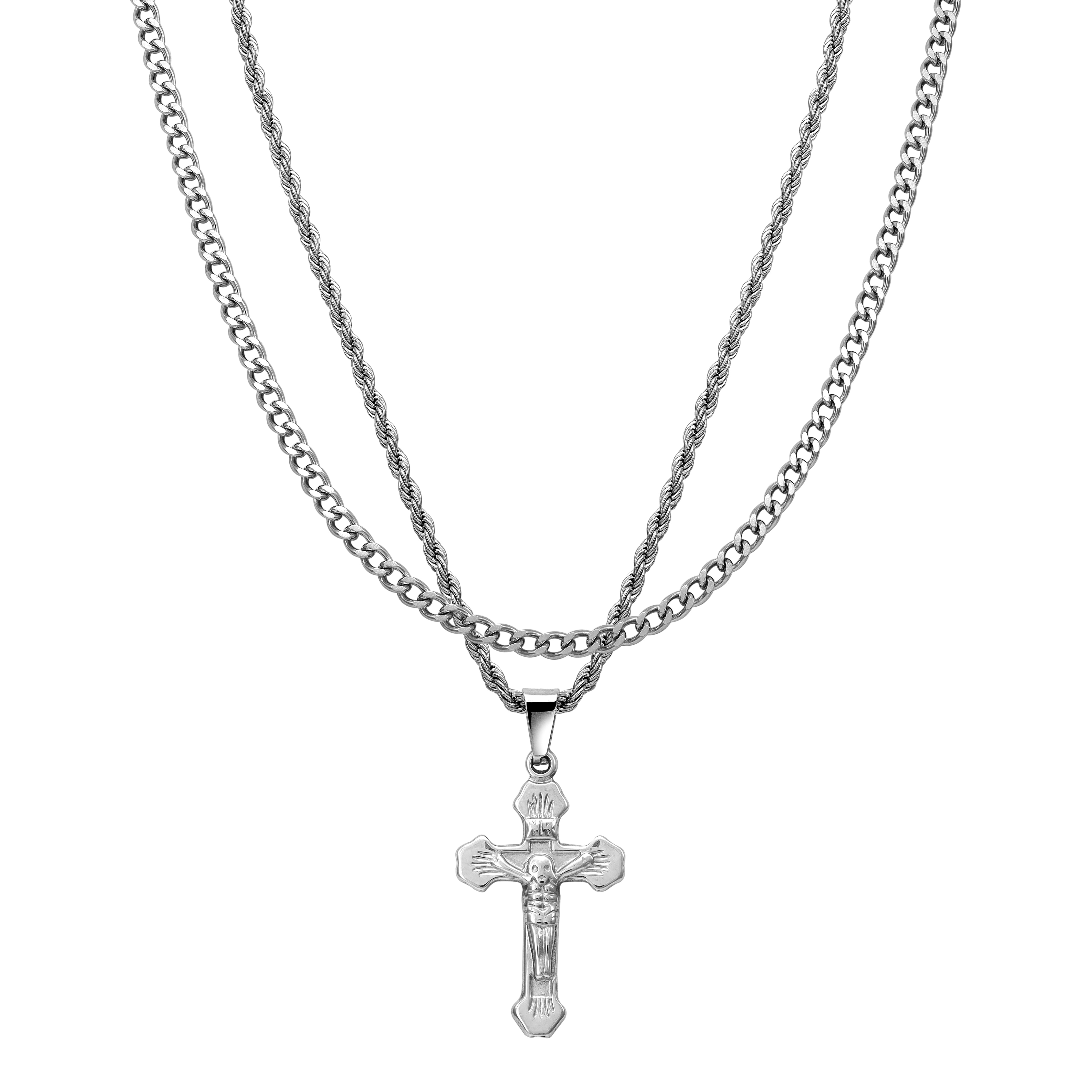 SET cord chain + curb chain with cross pendant made of stainless steel 