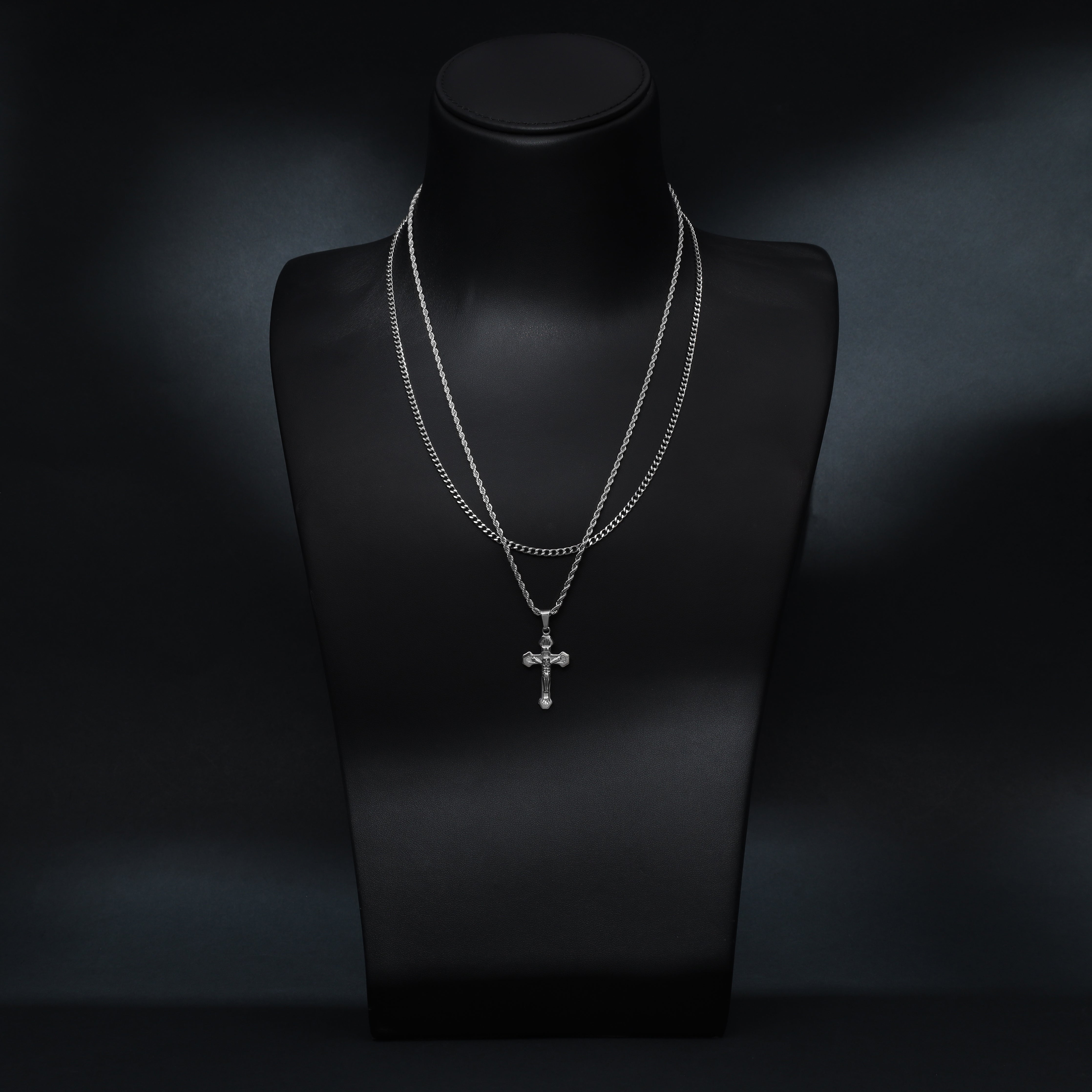 SET cord chain + curb chain with cross pendant made of stainless steel 