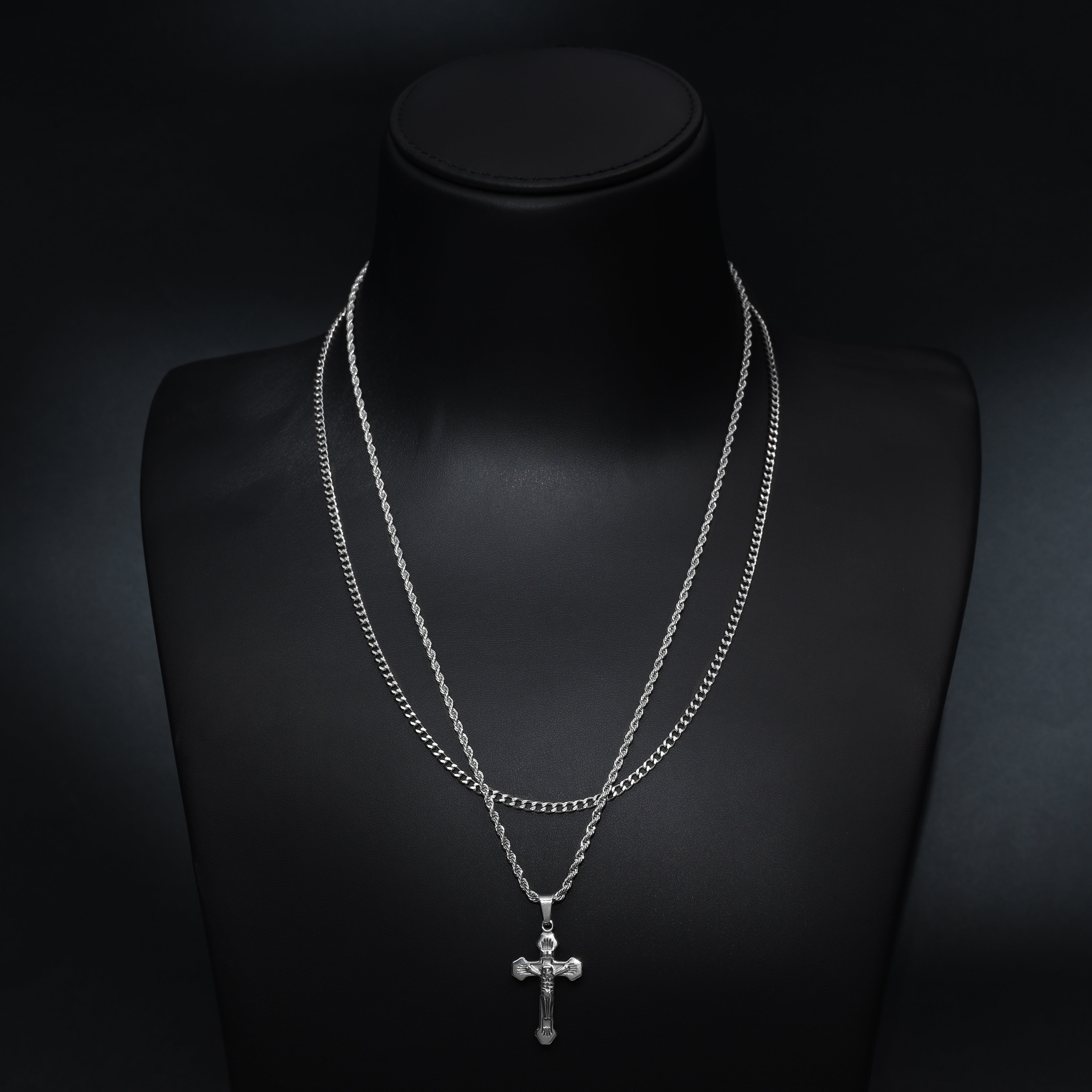 SET cord chain + curb chain with cross pendant made of stainless steel 