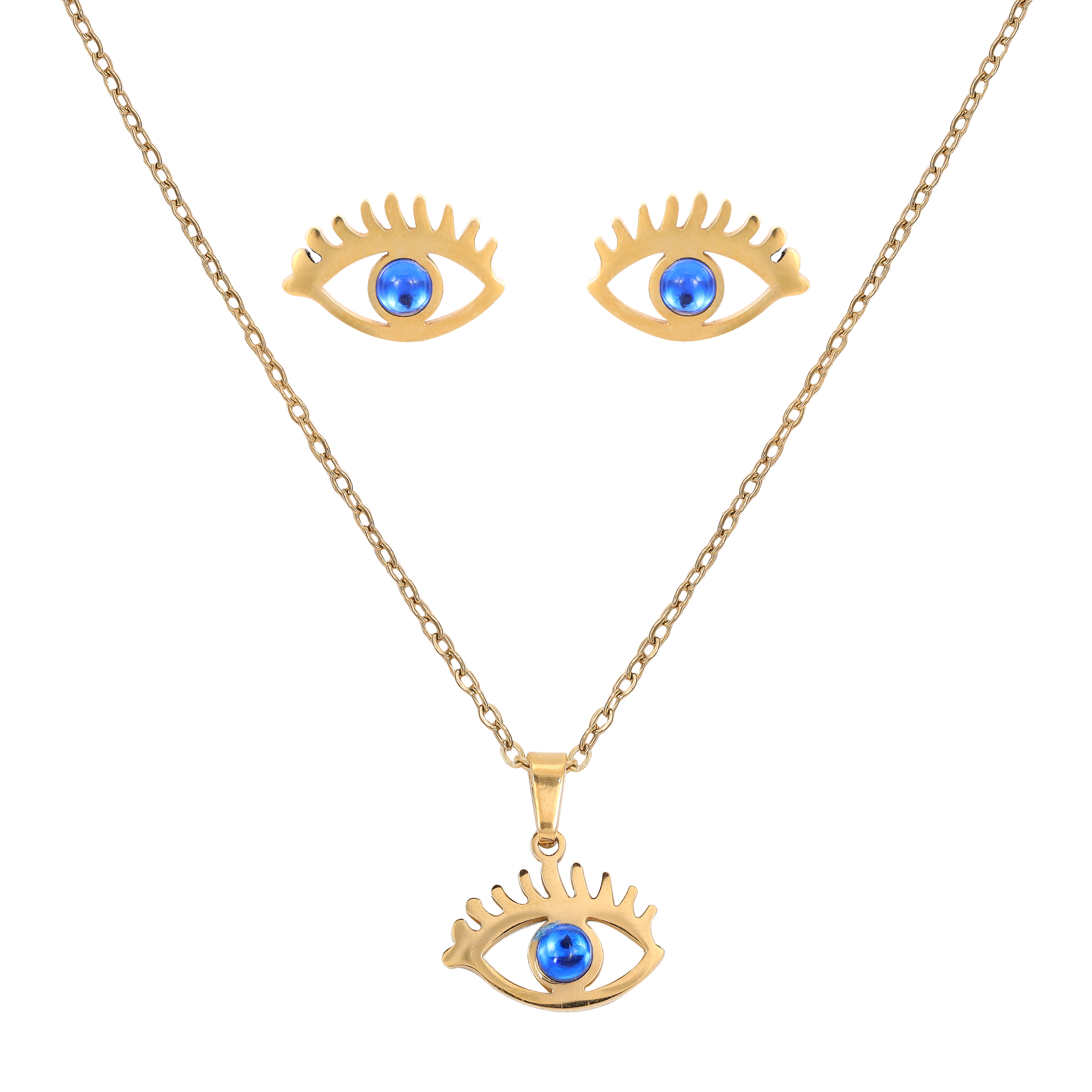 Ladies set anchor chain with evil eye pendant &amp; earrings made of stainless steel 14K gold plated 