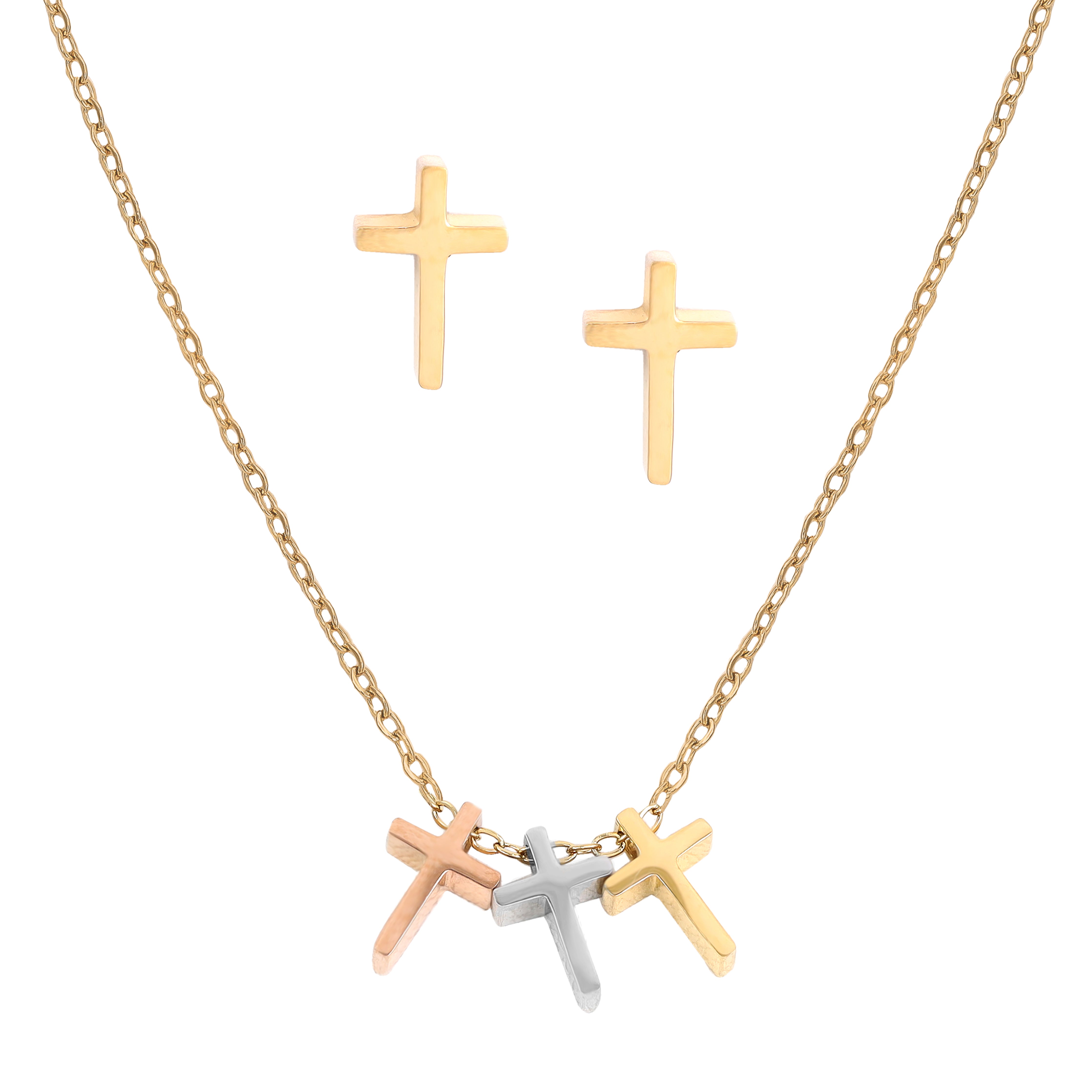 Damen Set Ankerkette mit Kreuz Anhänger & Ohrringe aus Edelstahl 18K vergoldet