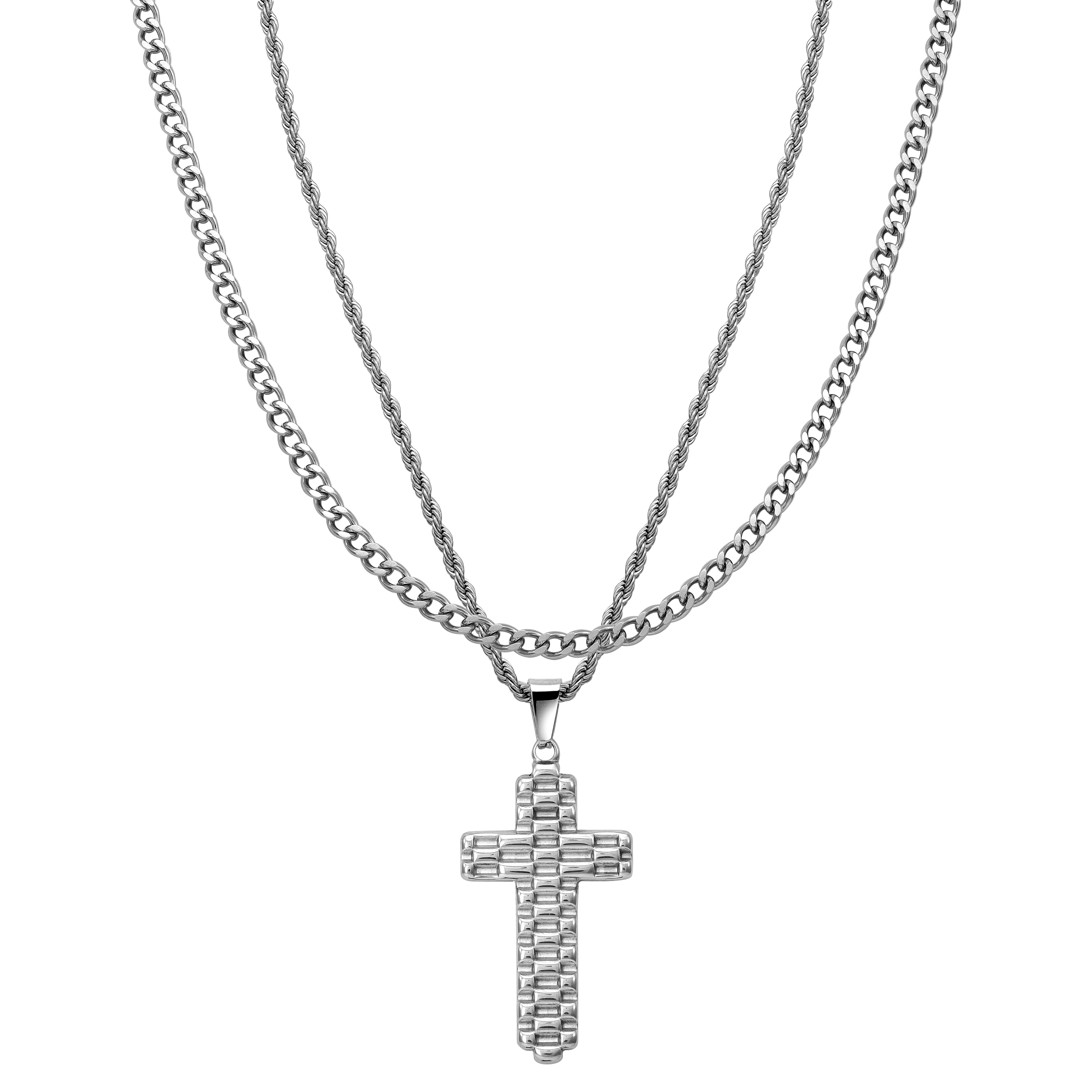 SET cord chain + curb chain with cross pendant made of stainless steel 