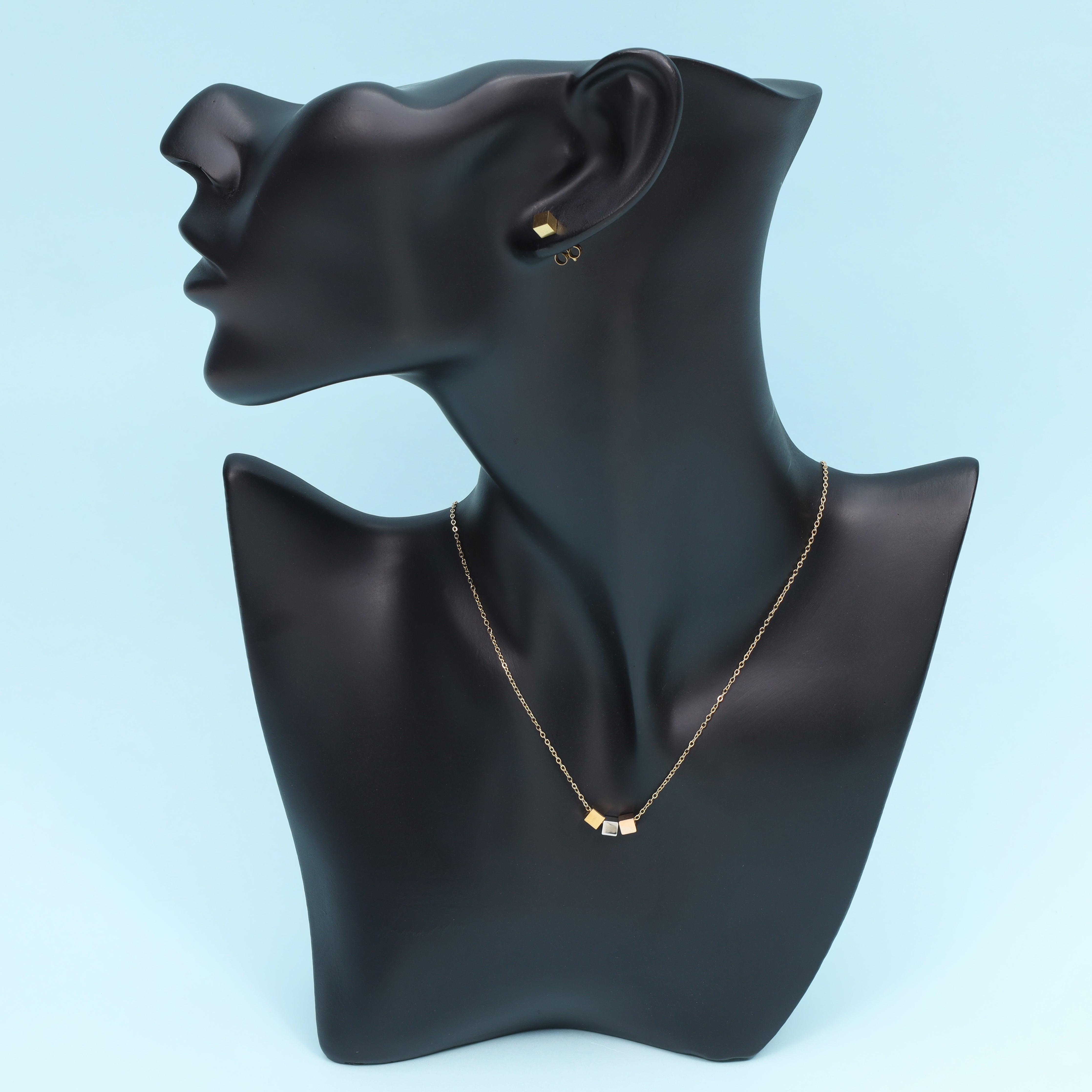 Ladies set anchor chain with cube pendant &amp; earrings made of stainless steel 14K gold plated 