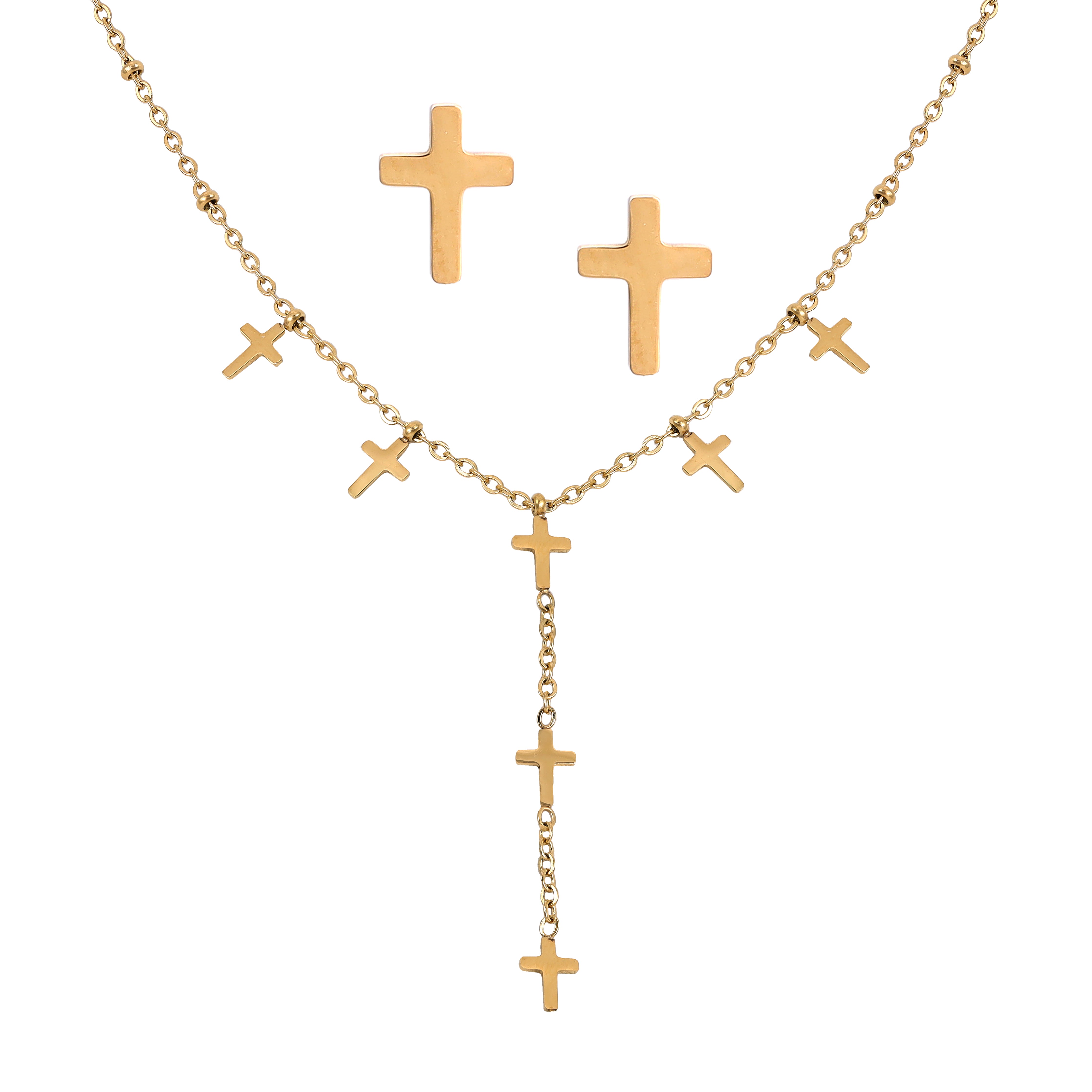 Ladies set anchor chain with cross pendant &amp; earrings made of stainless steel 14K gold plated 