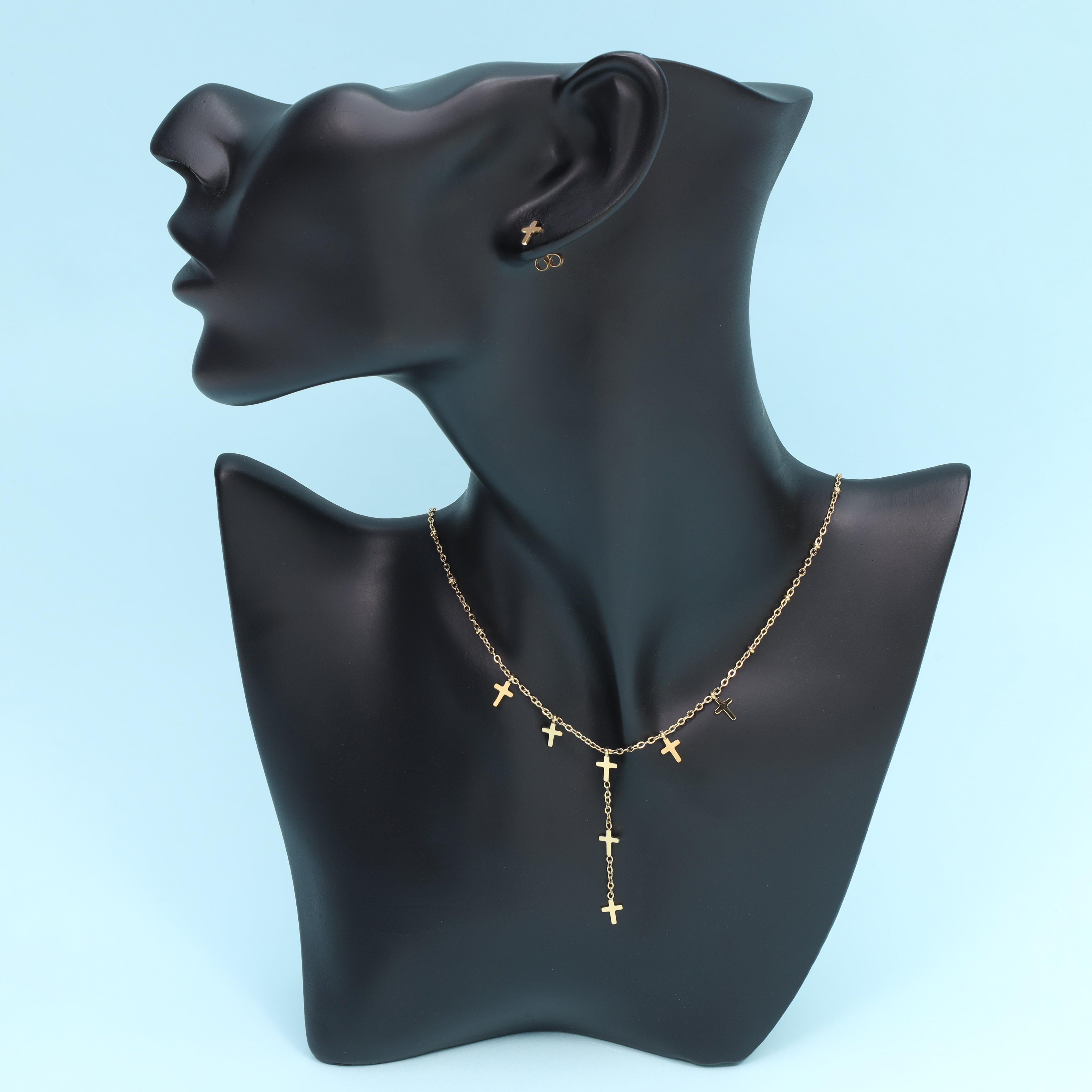 Ladies set anchor chain with cross pendant &amp; earrings made of stainless steel 14K gold plated 