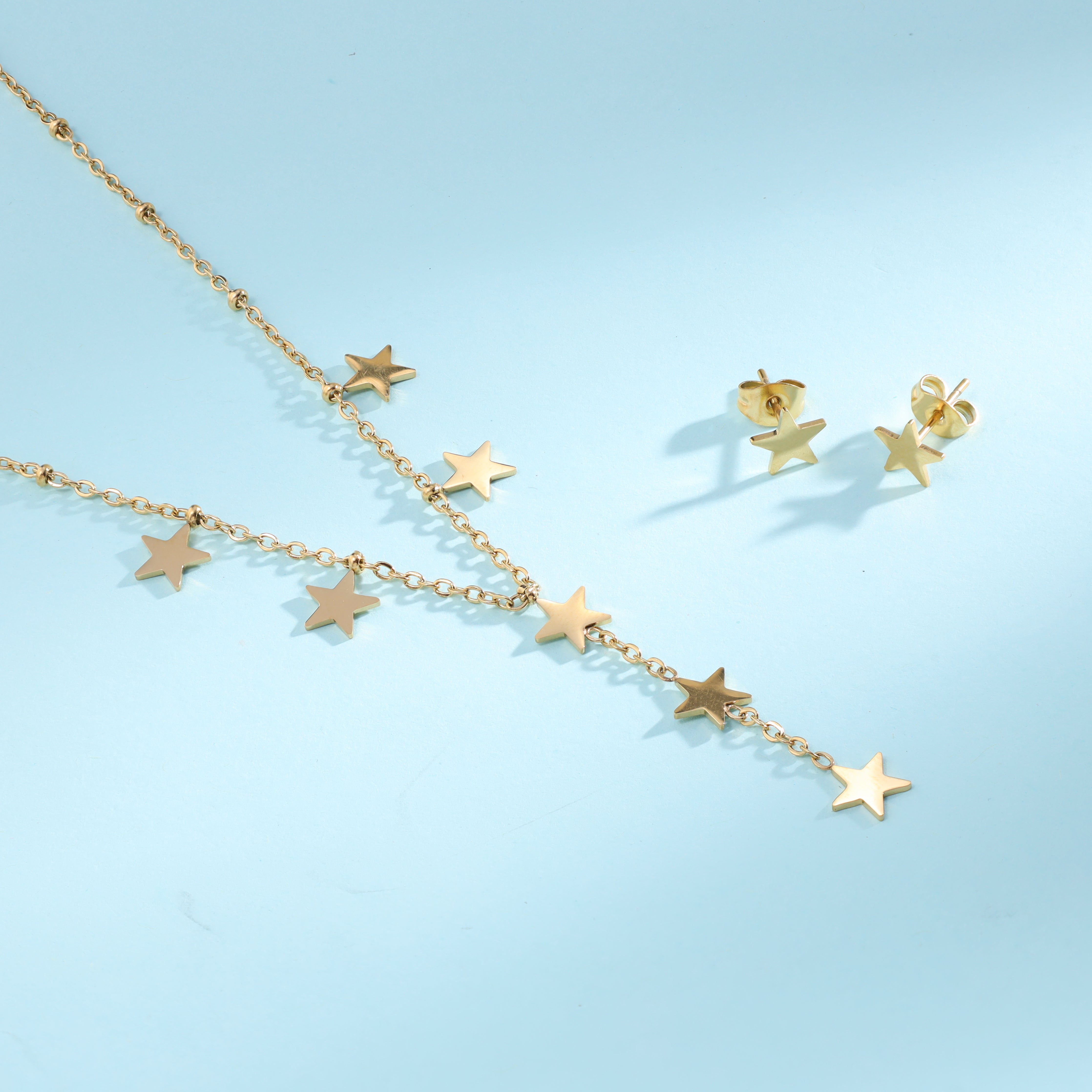 Ladies set anchor chain with star pendant &amp; earrings made of stainless steel 14K gold plated 