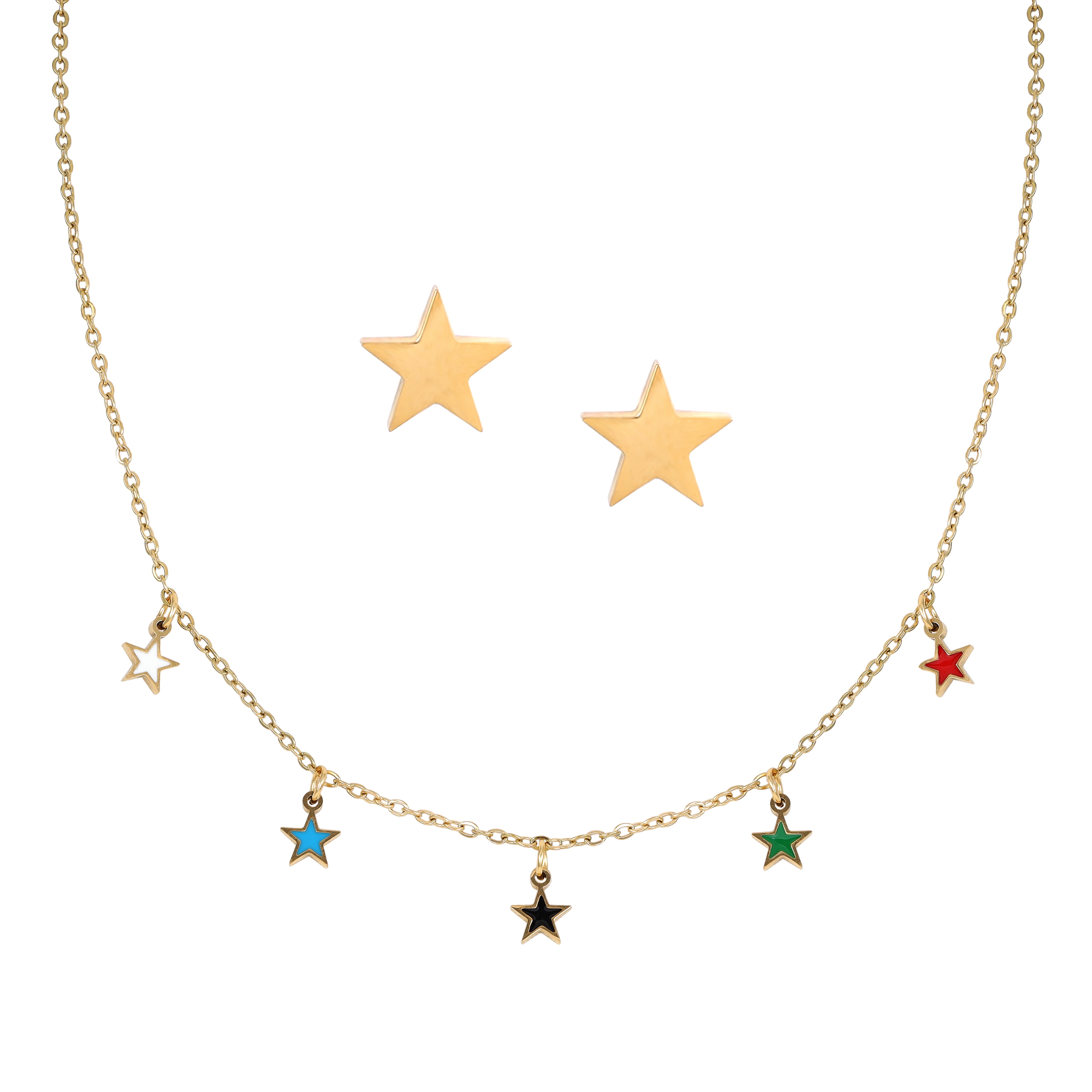 Women's set anchor chain with star pendant &amp; earrings made of stainless steel 18K gold-plated