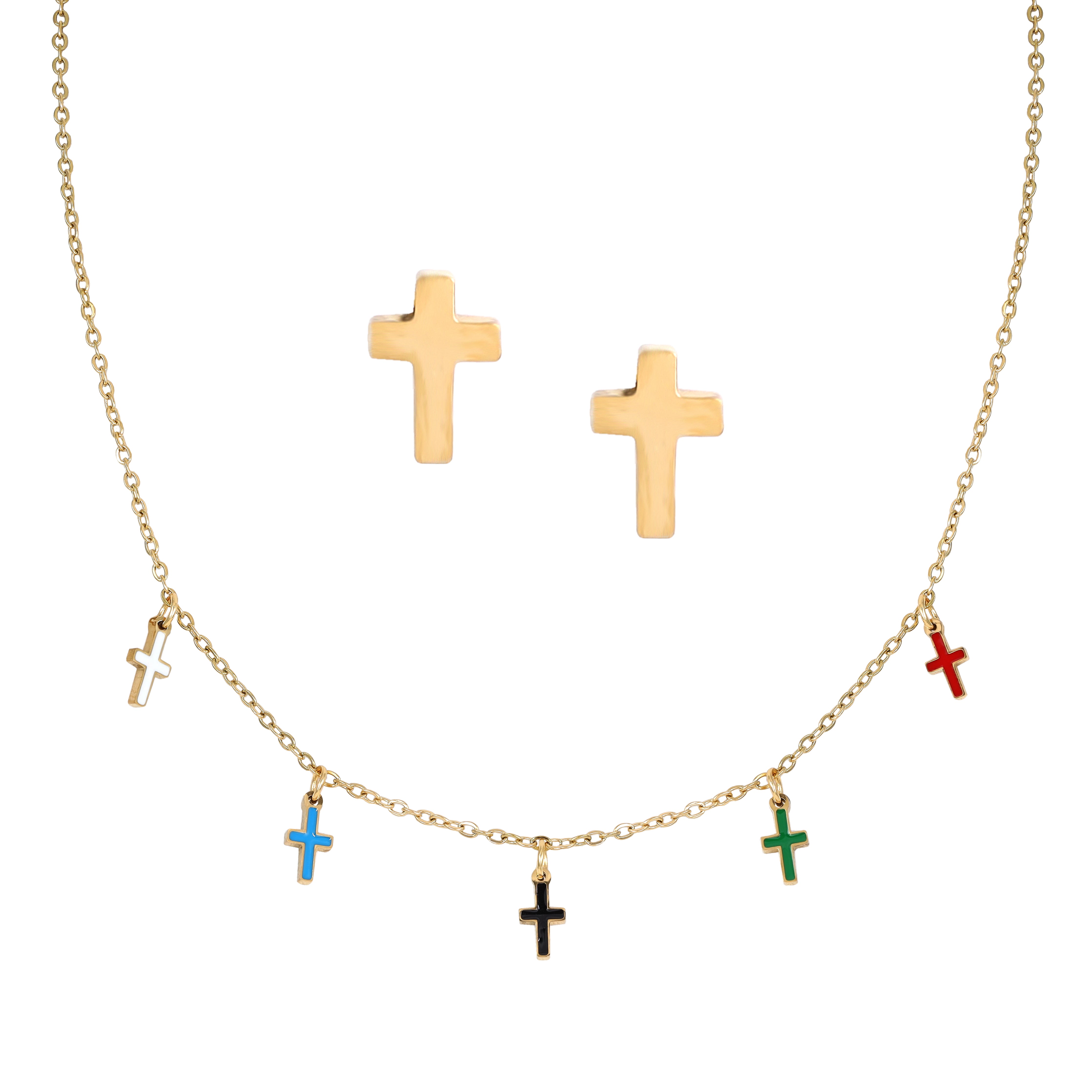 Ladies set anchor chain with cross pendant &amp; earrings made of stainless steel 14K gold plated 