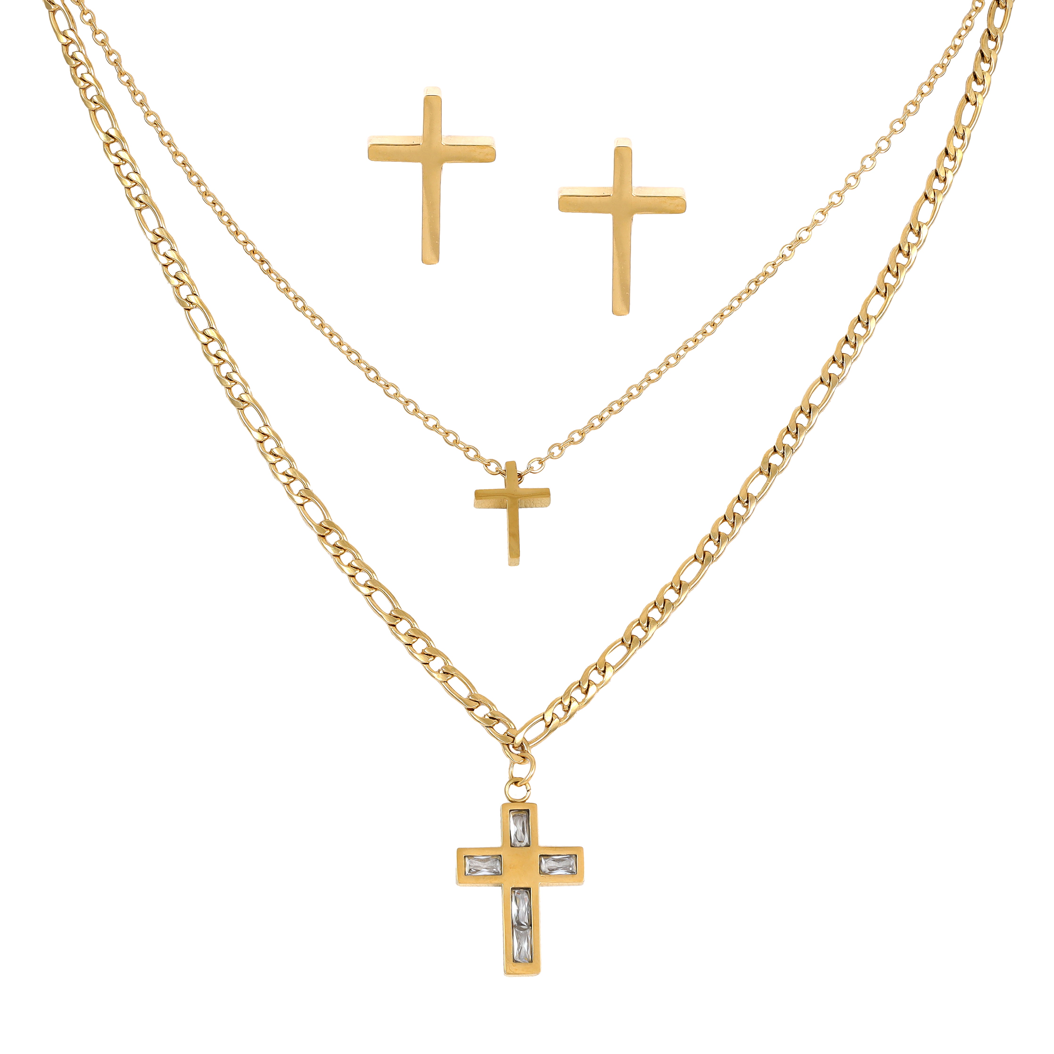 Damen Set Ankerkette + Figarokette mit Kreuz Anhänger & Ohrringen aus Edelstahl 18K vergoldet