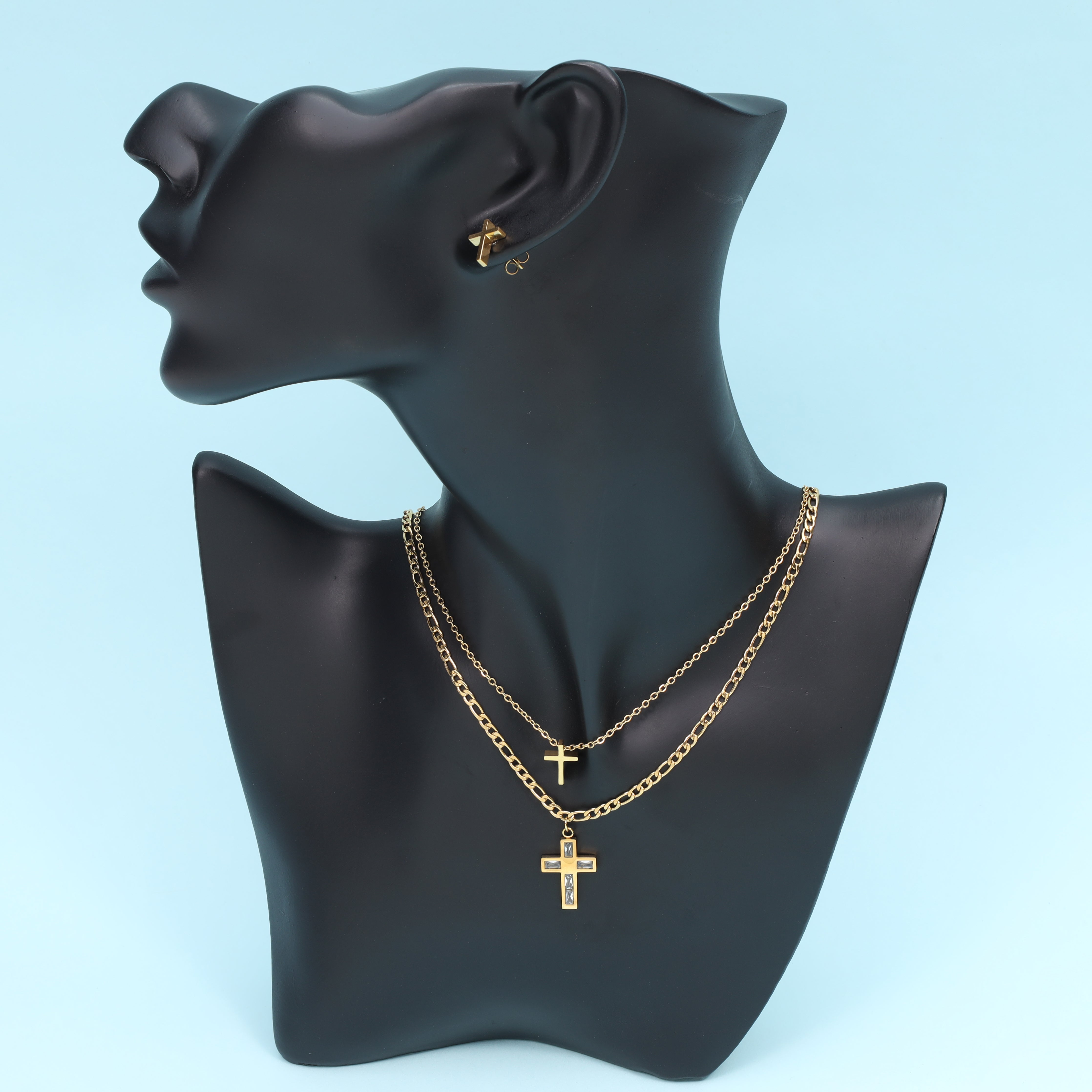 Damen Set Ankerkette + Figarokette mit Kreuz Anhänger & Ohrringen aus Edelstahl 18K vergoldet