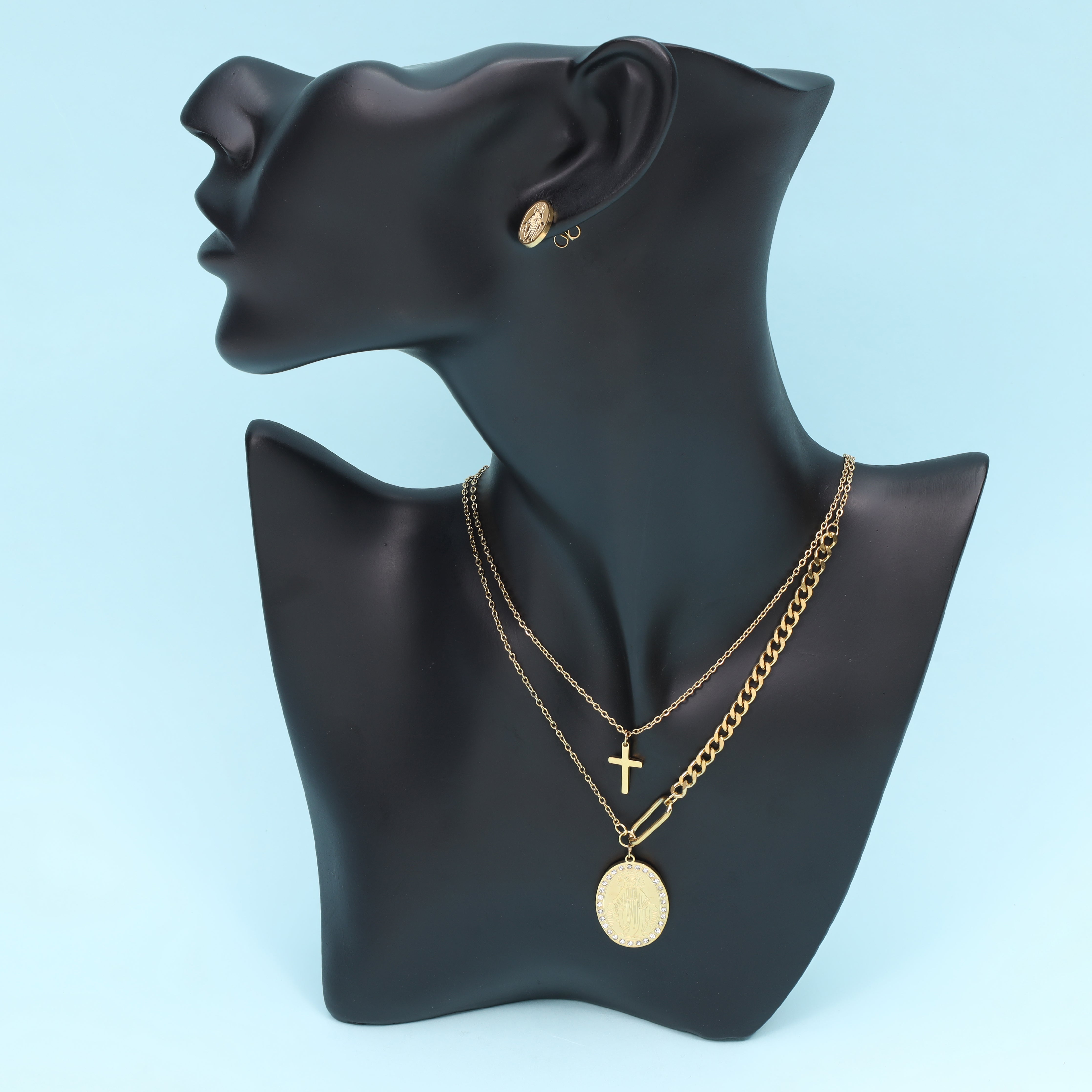 Ladies set anchor chain + Cuban with Holy Mary pendant &amp; earrings made of stainless steel 14K gold plated